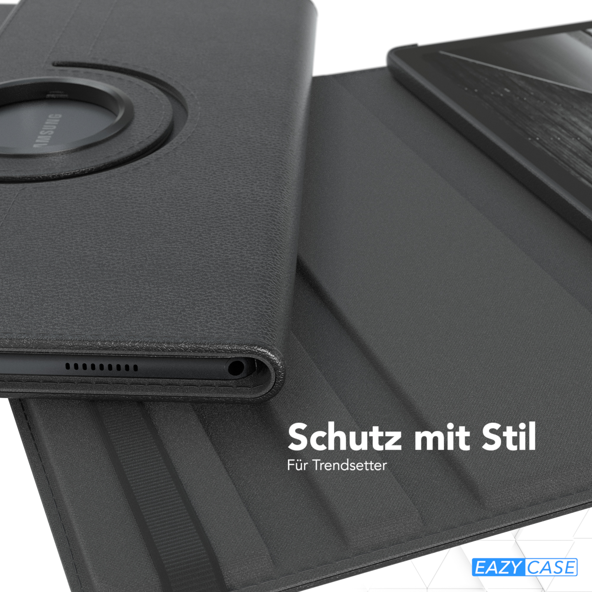 Schwarze Tablet-Hülle mit Drehring. Hülle offen, Tablet sichtbar. Hintergrund weiß.