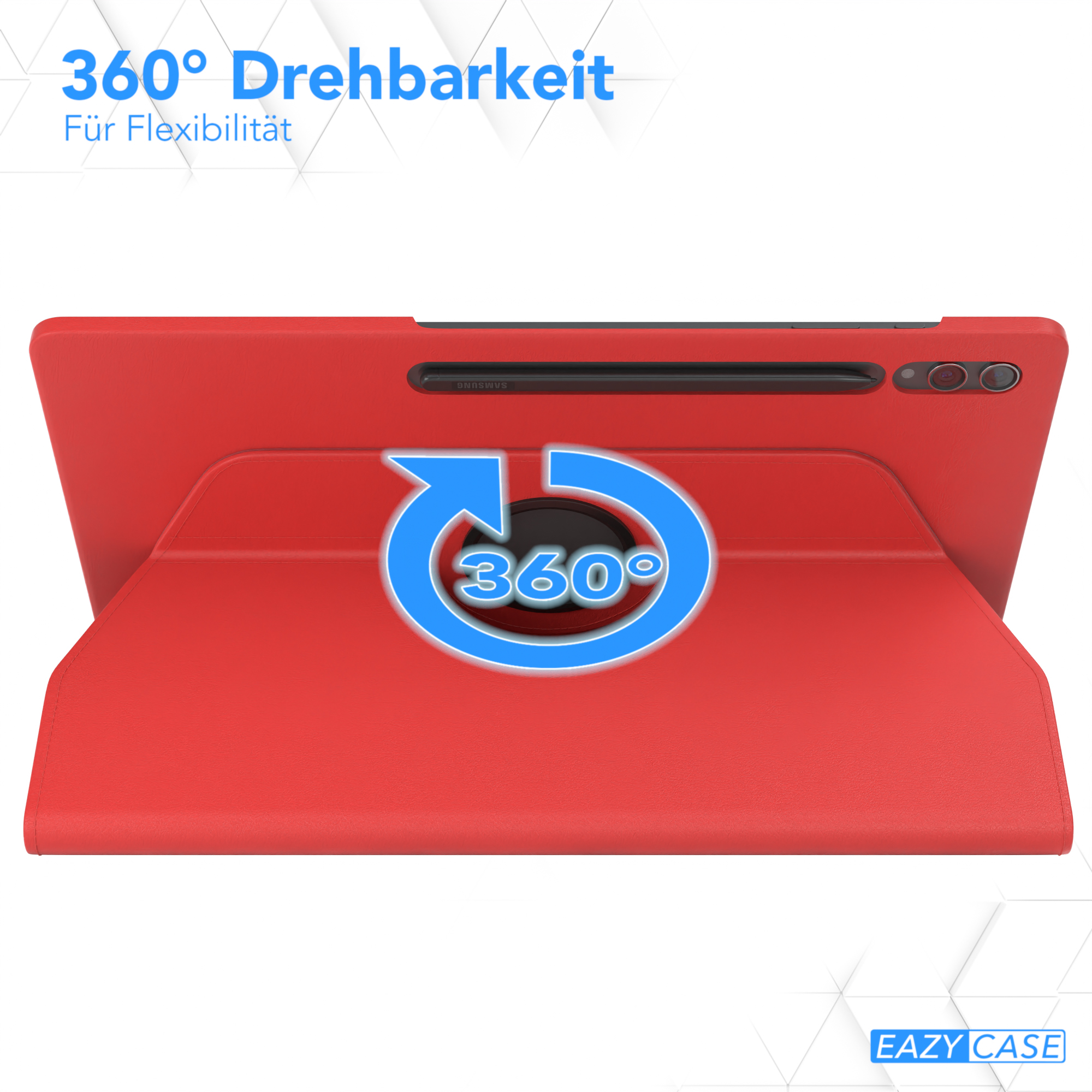 Ein rotes Tablet in einer roten Hülle. Die Hülle dreht sich um 360 Grad. Der Text oben lautet 360° Drehbarkeit.