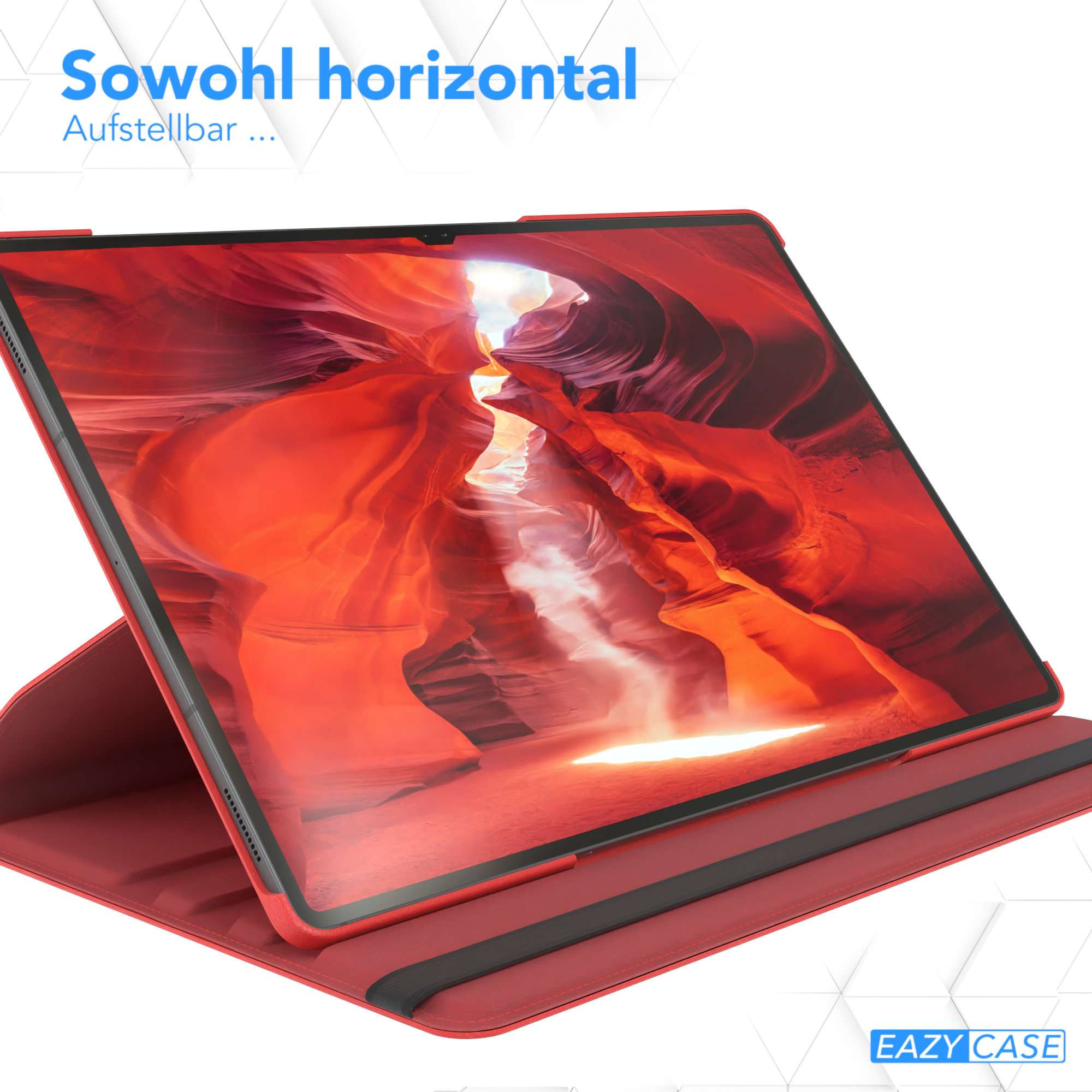 Roter Tablet-Bildschirm, der eine Canyon-Szene in einer roten Tablet-Hülle auf weißem Hintergrund zeigt.