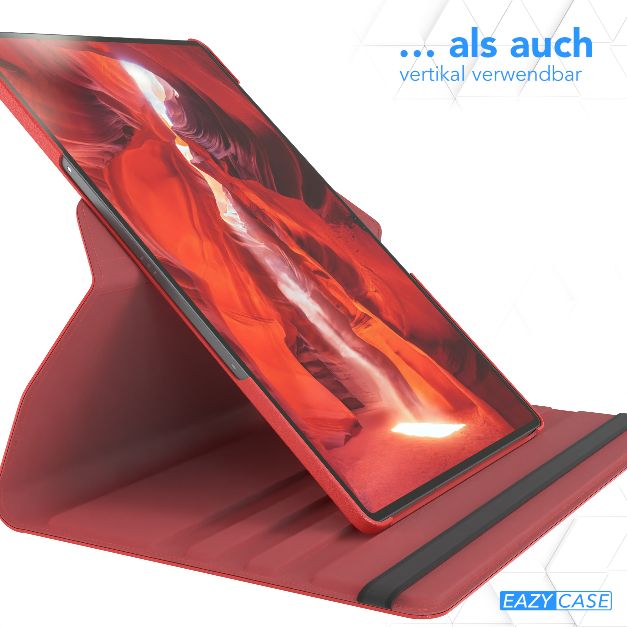Tablet in einer roten Hülle, aufrecht stehend. Der Bildschirm zeigt eine Schluchtszene.
