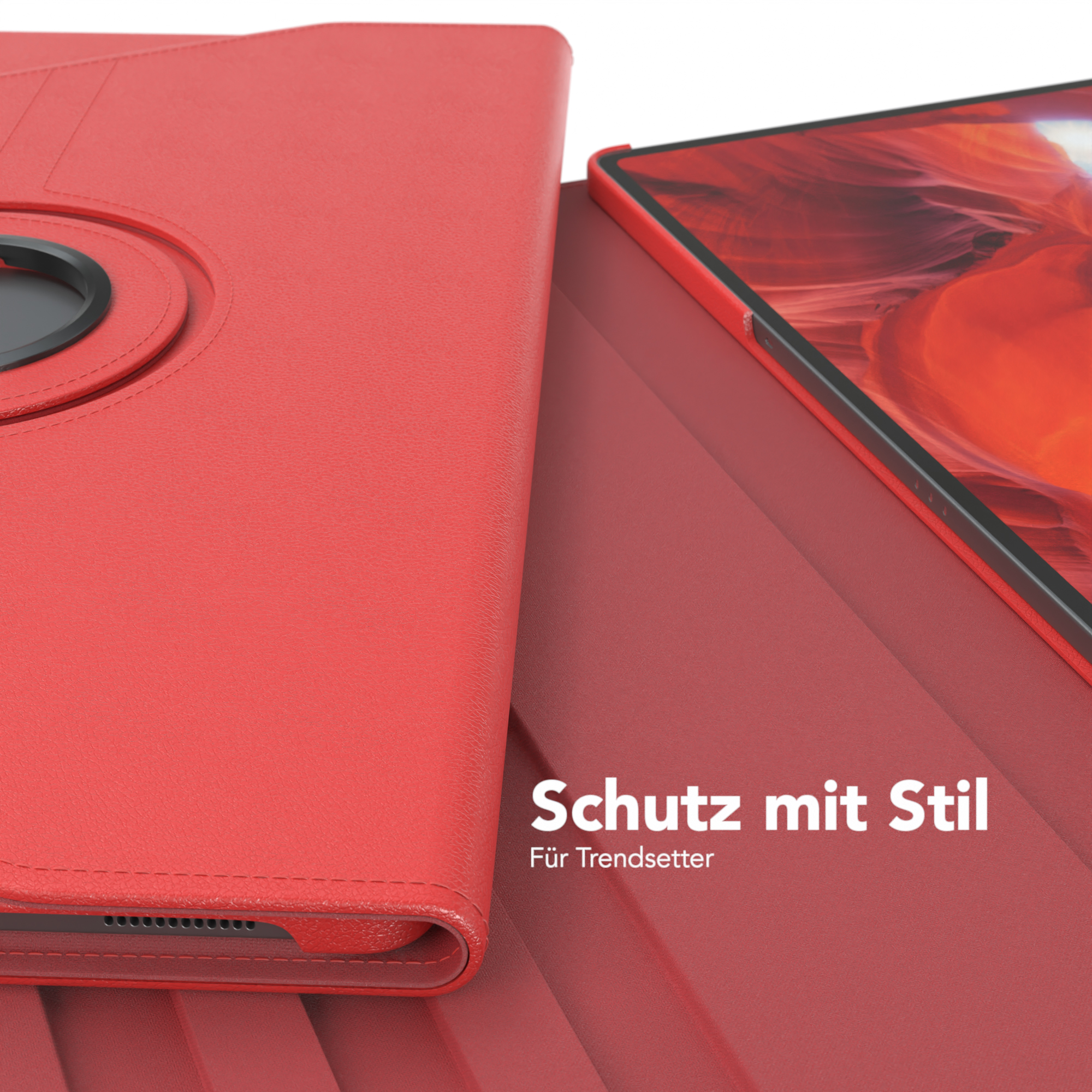 Rote Tablethülle mit Drehring. Text: Schutz mit Stil.