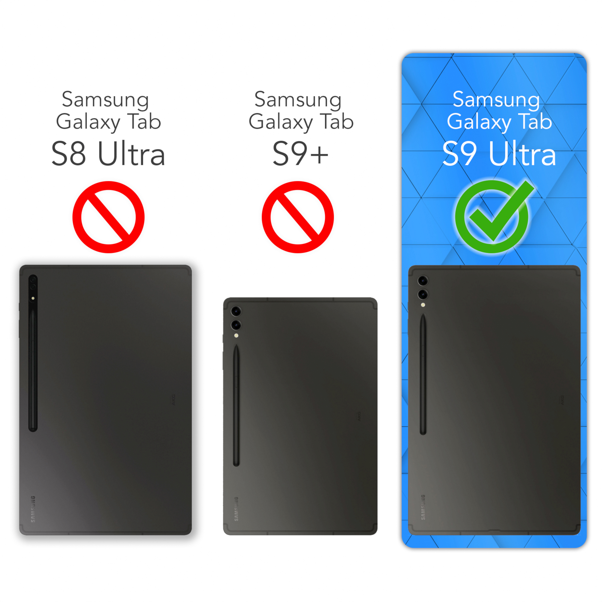 Tablets: S8 Ultra und S9+ nicht kompatibel, S9 Ultra kompatibel. Grünes Häkchen zeigt Kompatibilität an.