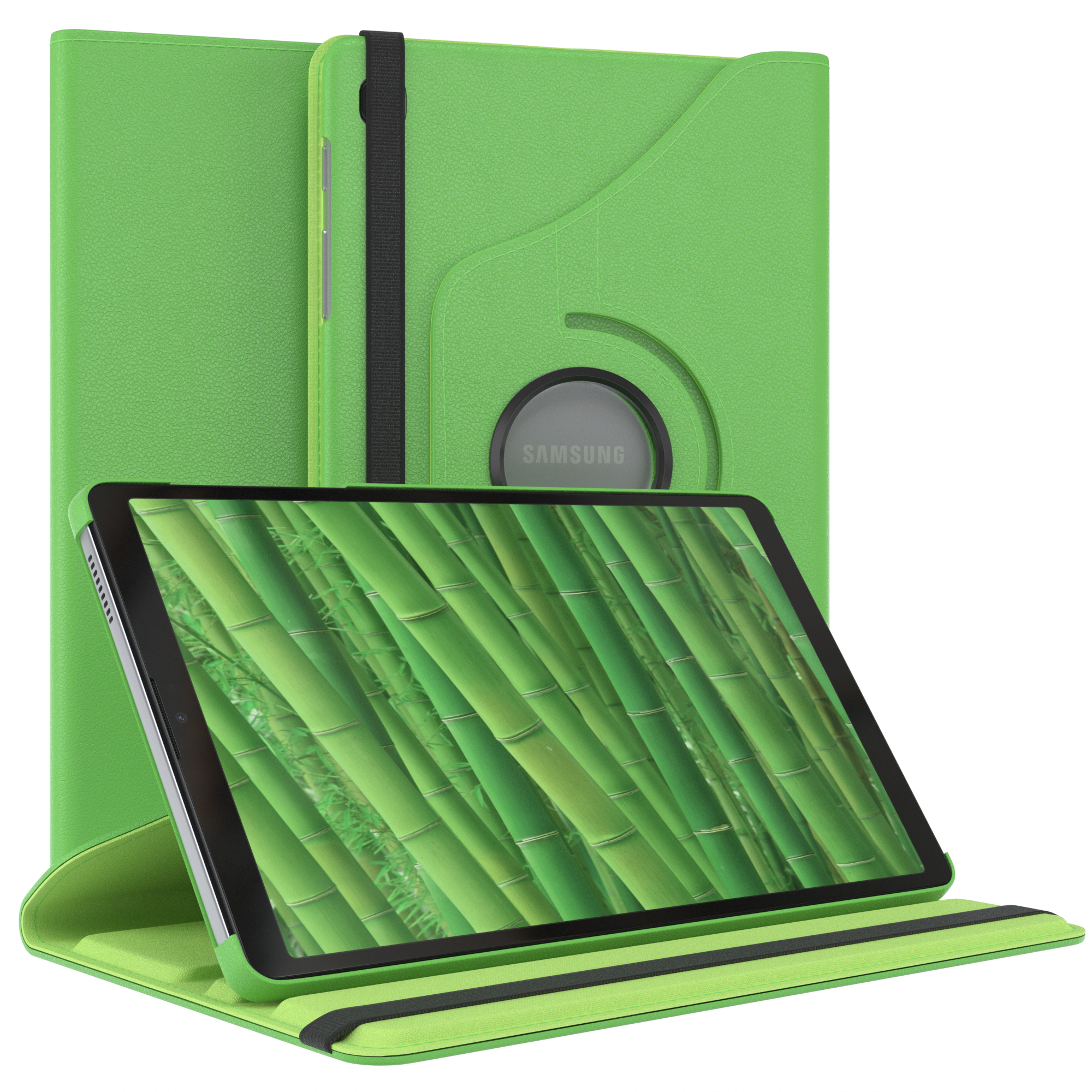 Grünes Tablet in einer grünen Hülle mit Bambus. Weißer Hintergrund.