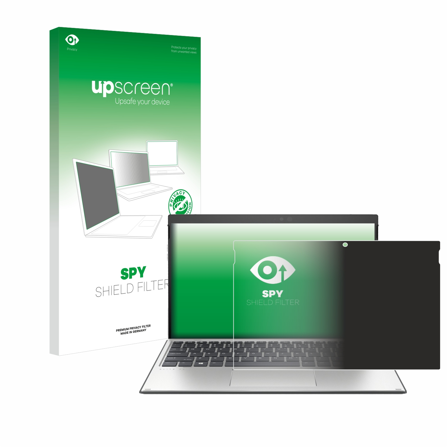 Laptop mit Sichtschutz und einer Box. Der Bildschirm erscheint dunkel, und die Box ist grün.
