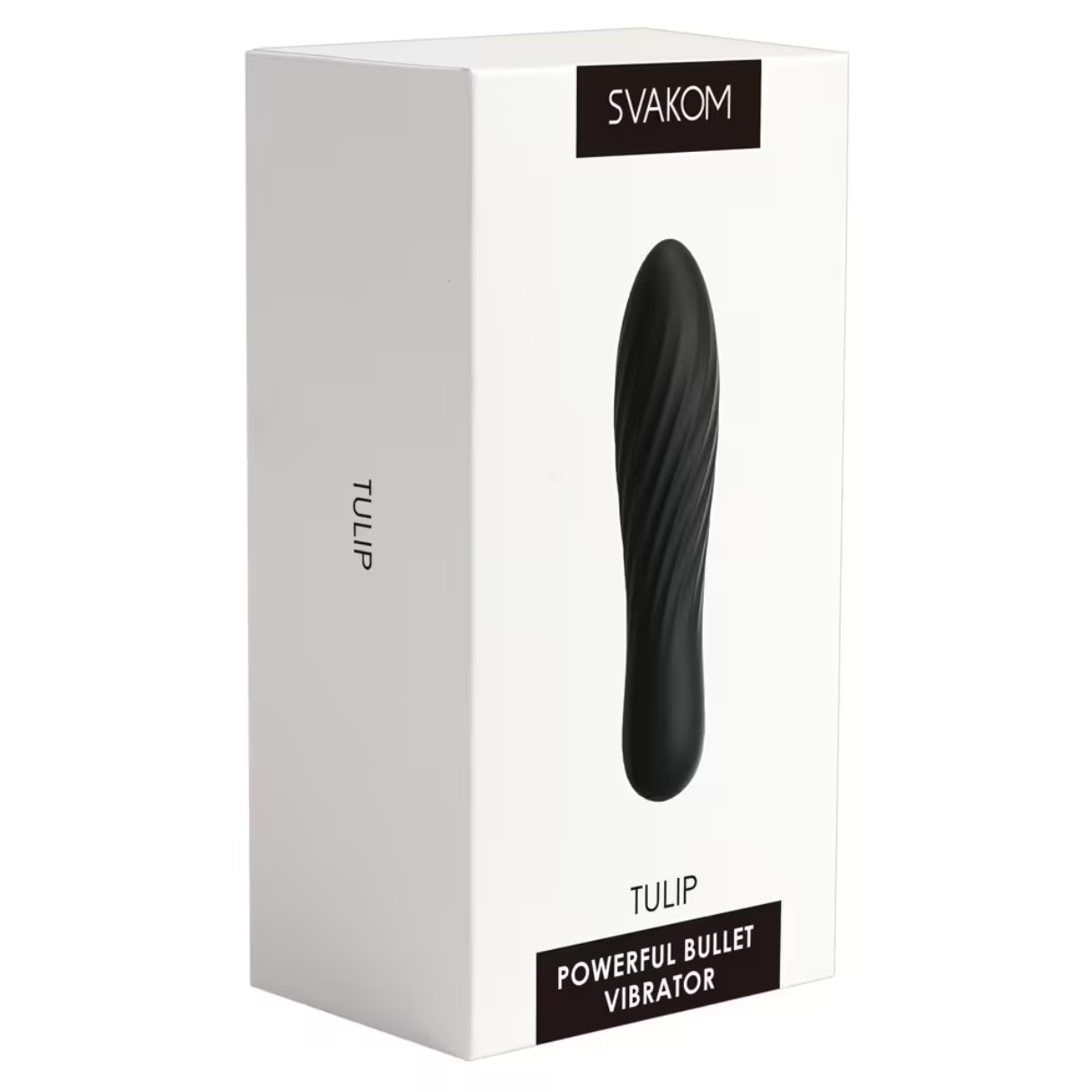 Weiße Schachtel mit einem schwarzen Vibrator in Tulpenform. Die Schachtel hat Text darauf.