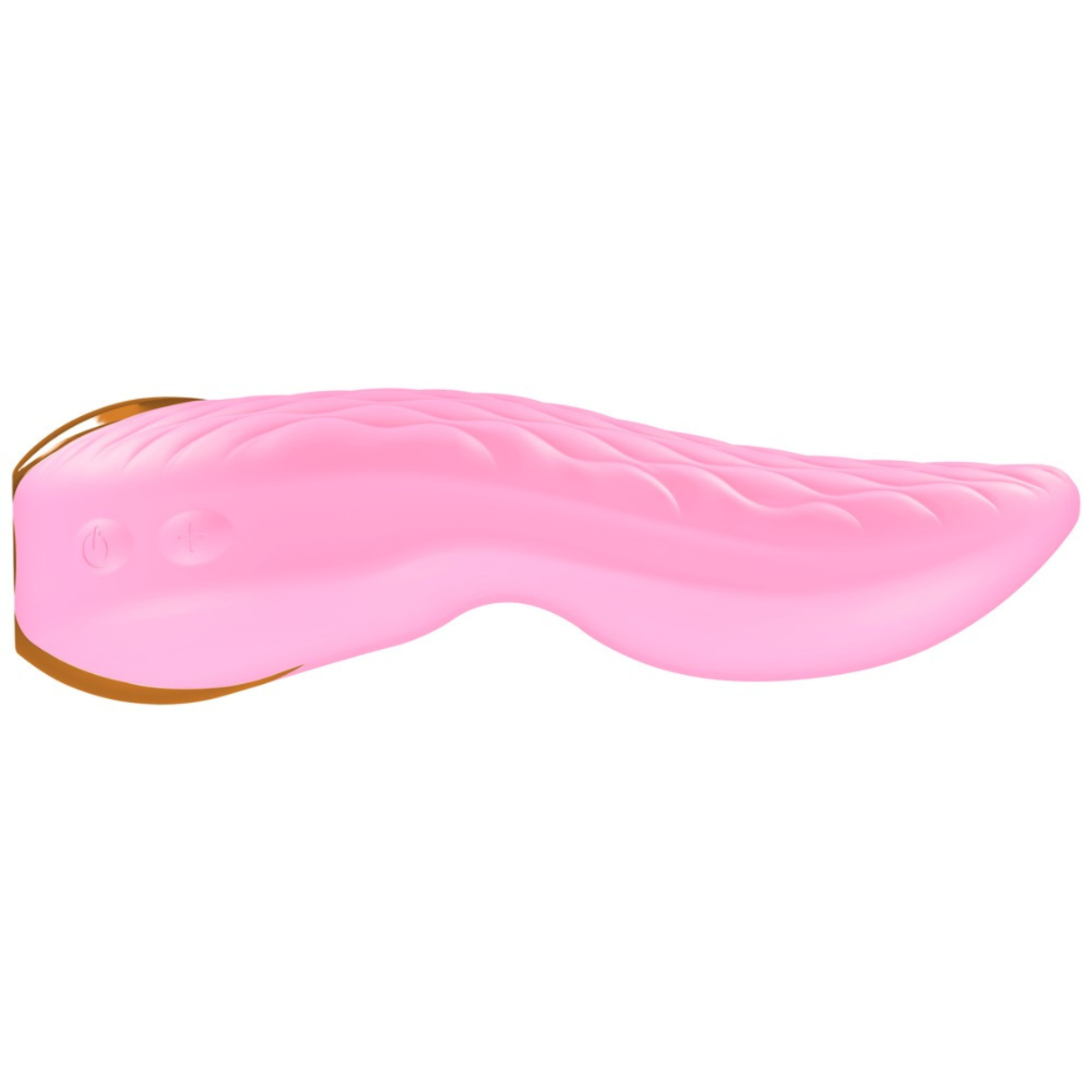 Un juguete sexual rosa, con forma orgánica. Tiene una superficie lisa y algunos botones. Detalles dorados.