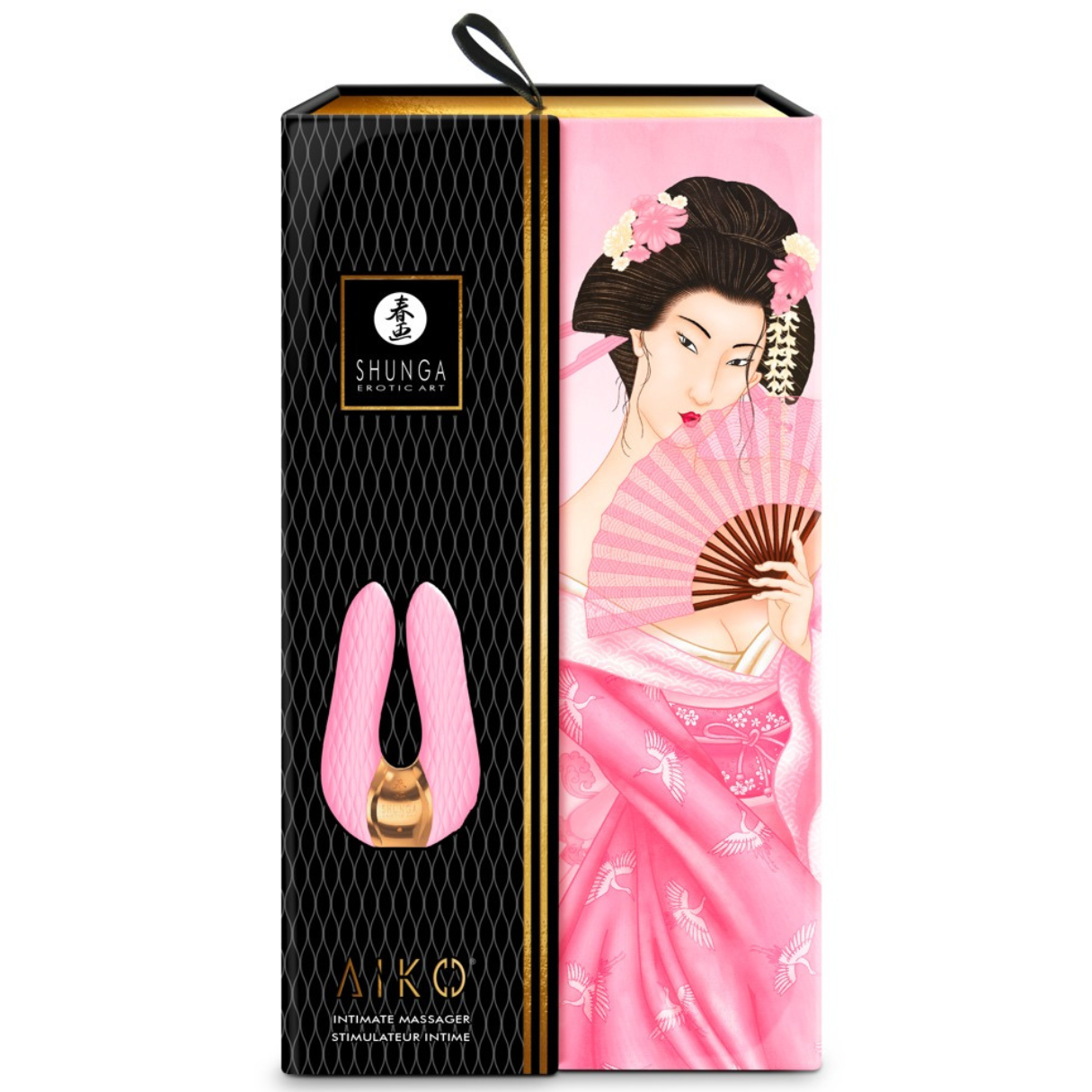 Una caja con una ilustración de geisha y un vibrador rosa.