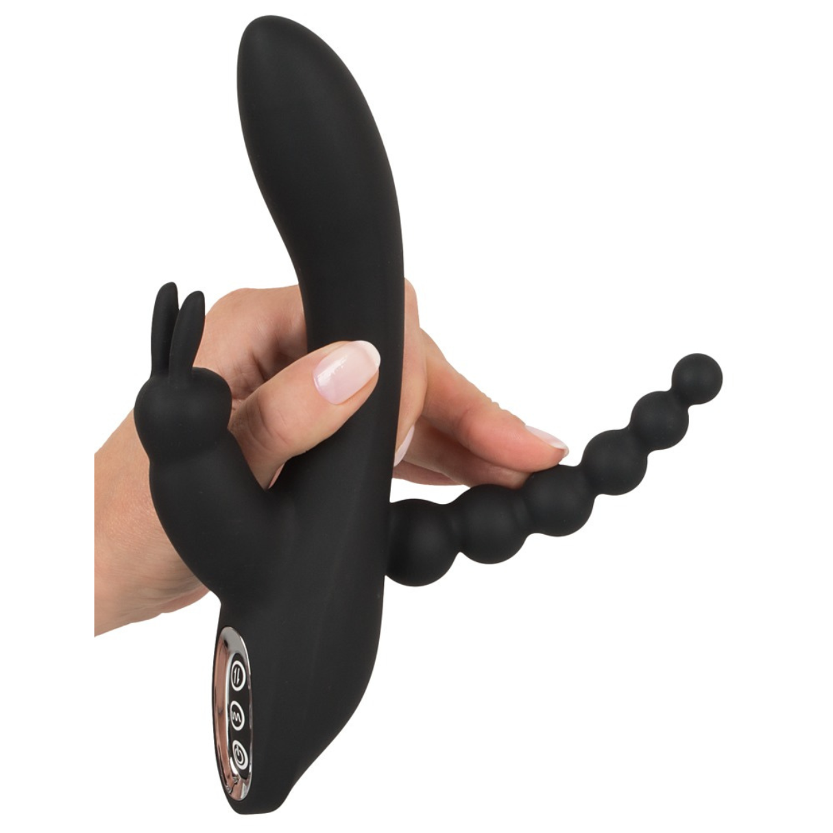 Ein schwarzes Sexspielzeug in Kaninchenform mit Perlschwanz, gehalten von einer Hand.