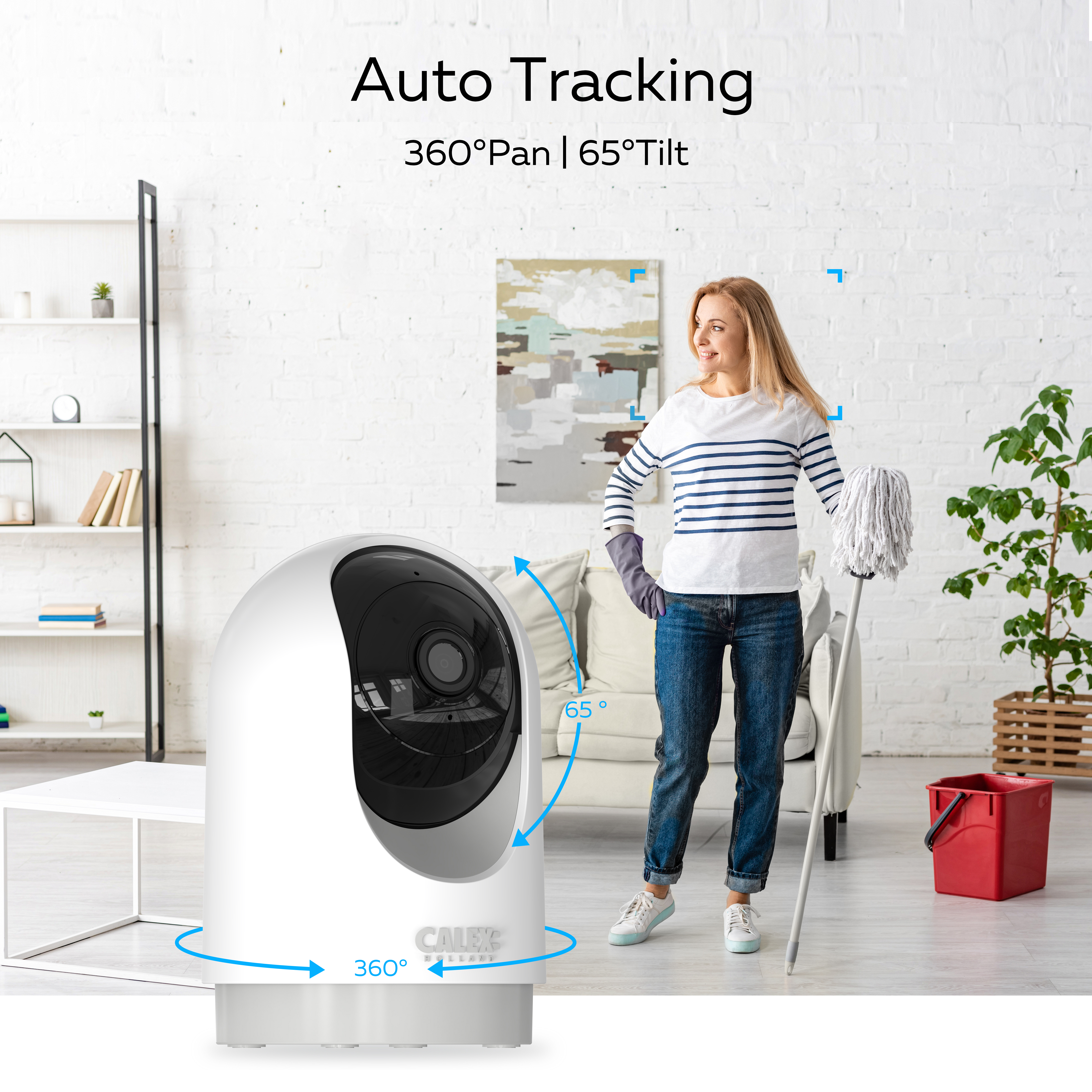 Biała kamera bezpieczeństwa z funkcją automatycznego śledzenia, kobieta z mopem i czerwone wiadro w tle.