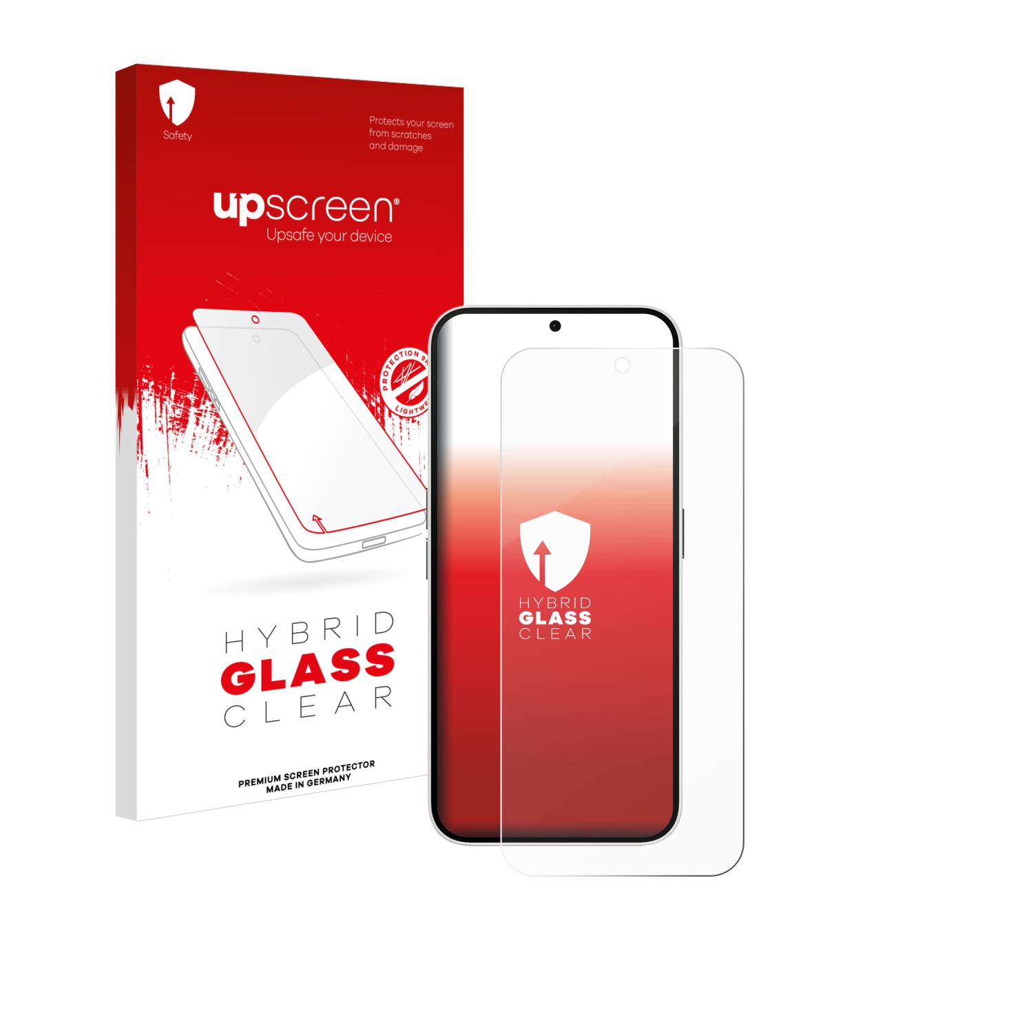 Ein Smartphone mit Displayschutzfolie und einer Box mit rot-weißem Design.