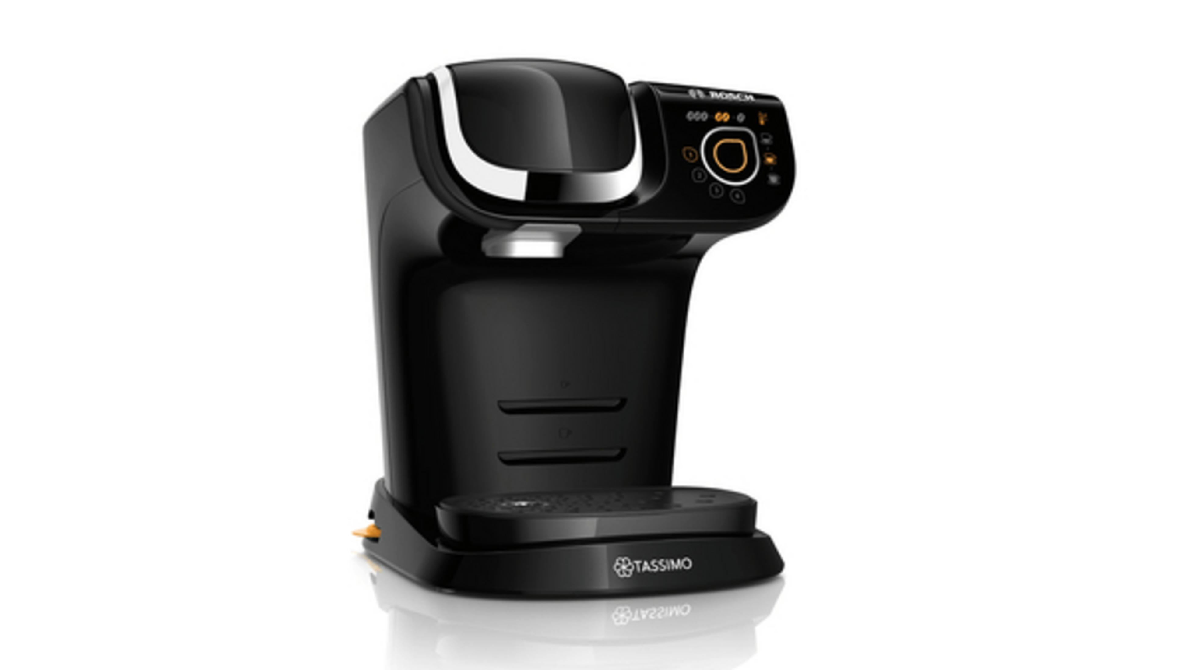 Schwarze Tassimo Kaffeemaschine. Es hat ein geschwungenes Design und Knöpfe auf der Vorderseite.