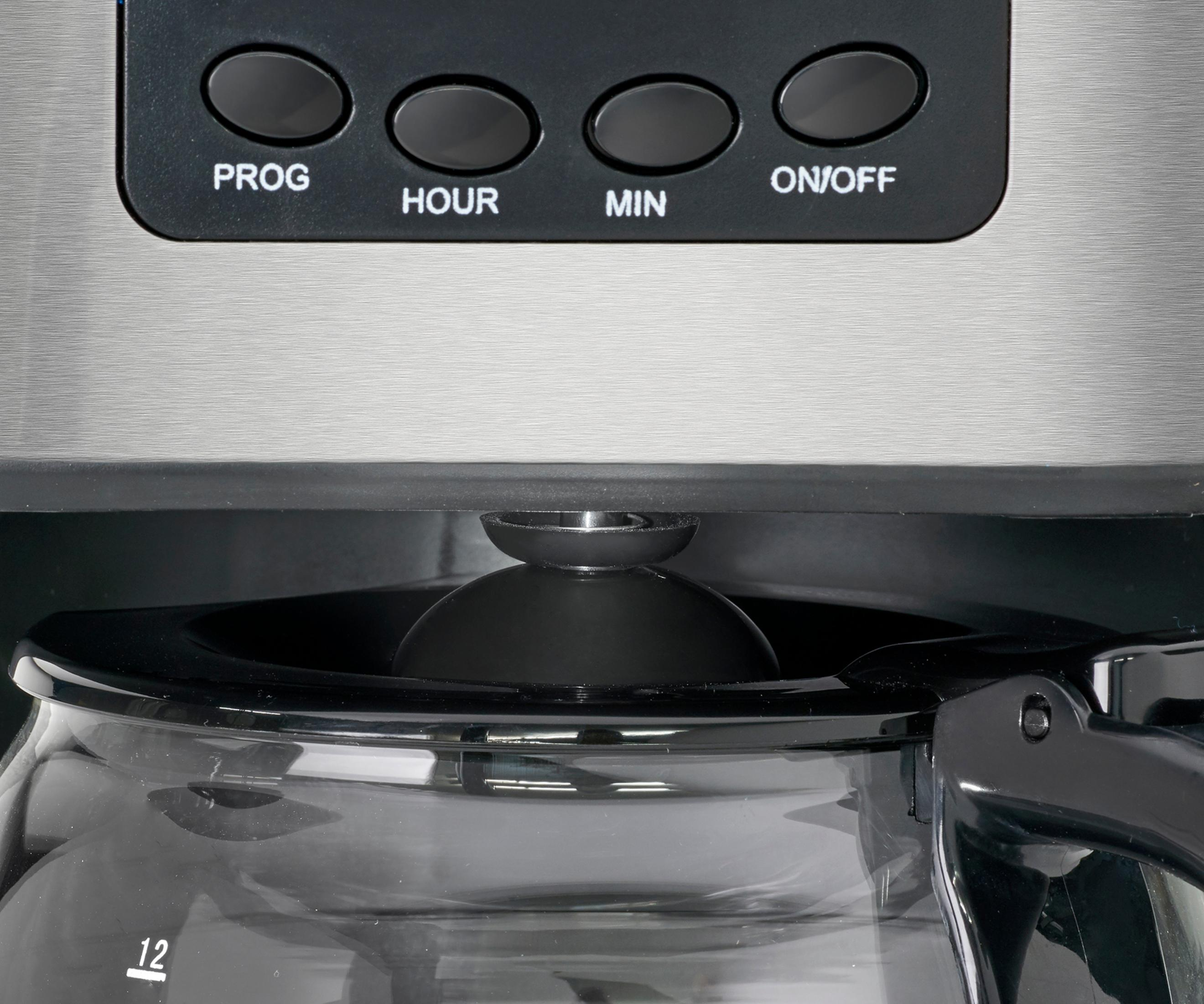 Zbliżenie ekspresu do kawy z przyciskami: PROG, HOUR, MIN i ON/OFF.
