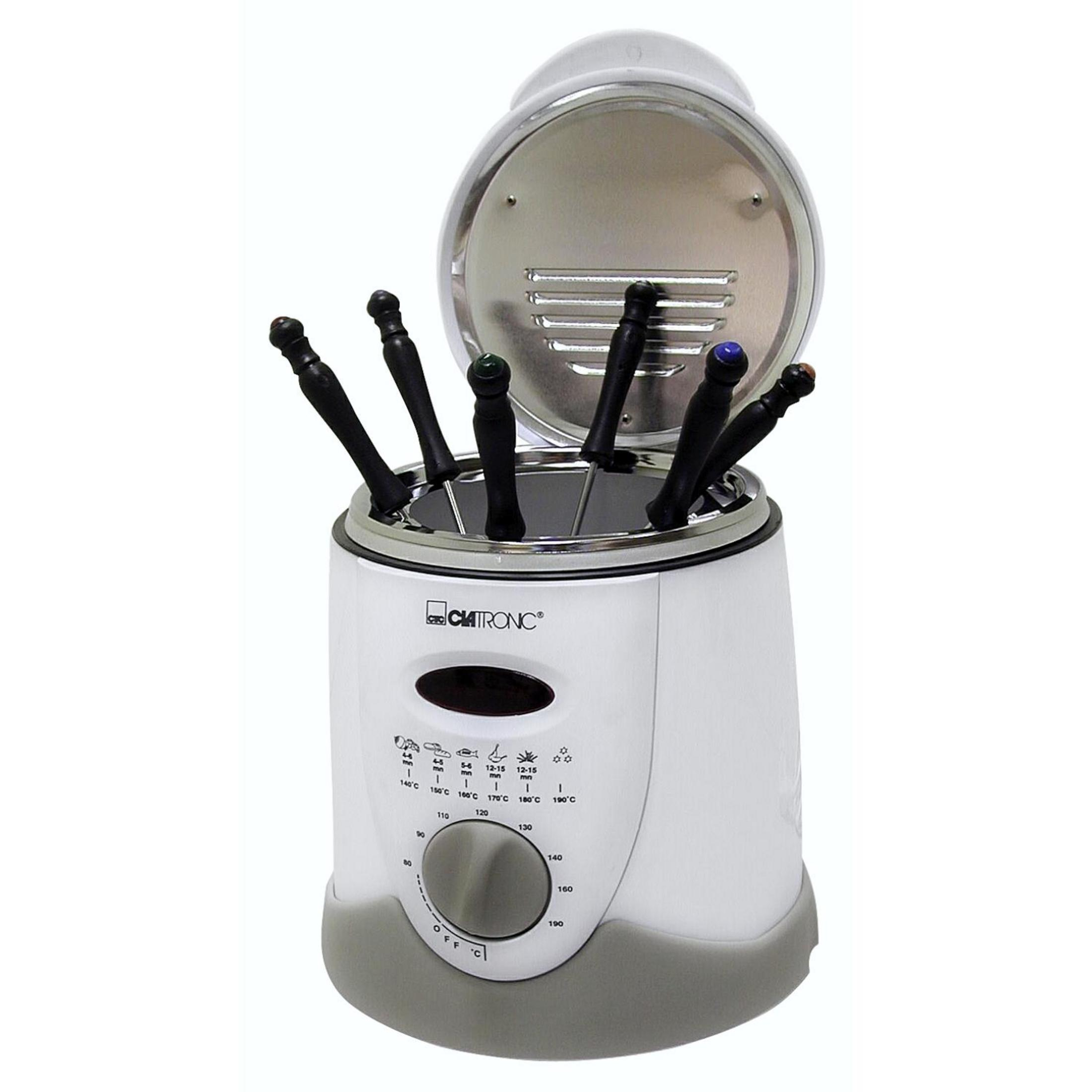 Biały garnek do fondue z czarnymi widelcami jest otwarty. Widoczne pokrętło temperatury.