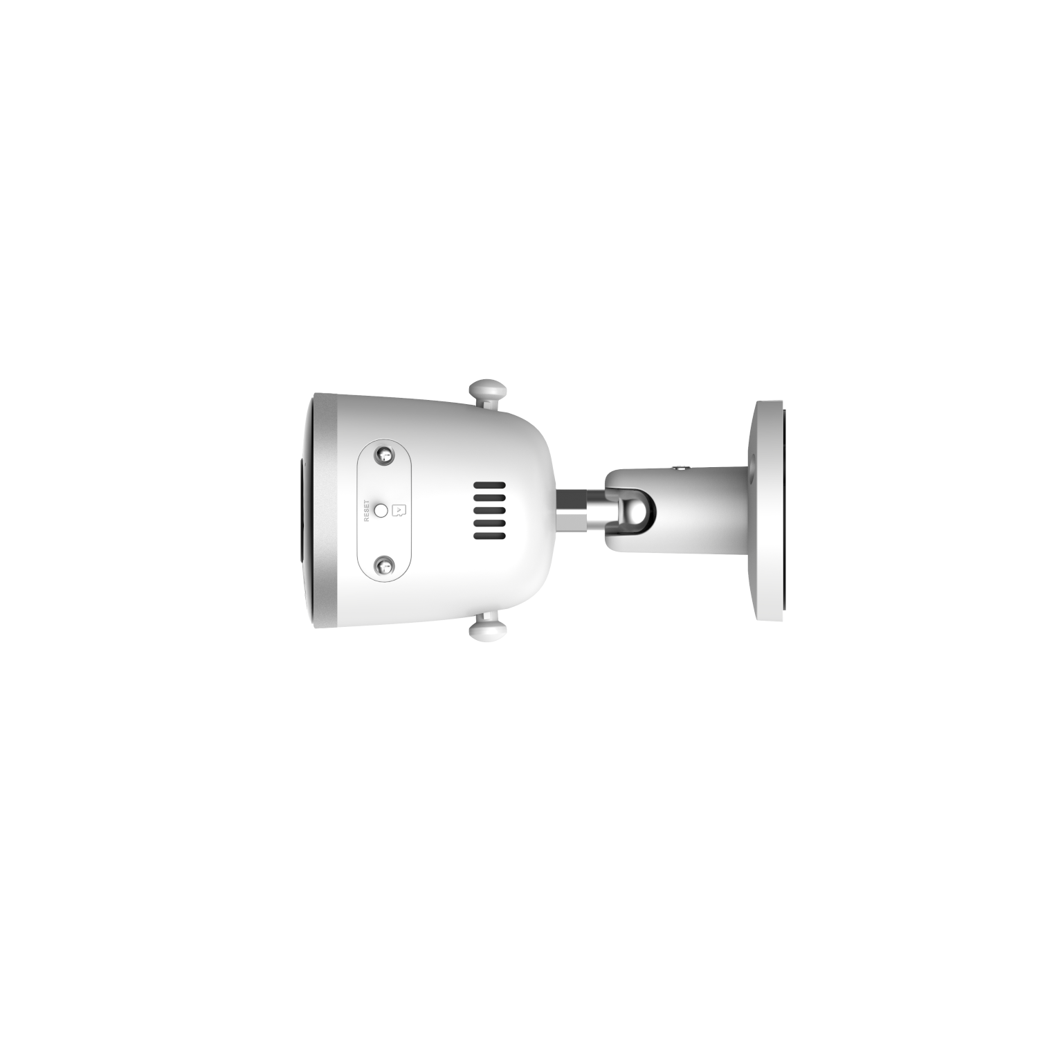 Biała kamera bezpieczeństwa na białym tle. Ma czarny obiektyw i srebrny uchwyt.