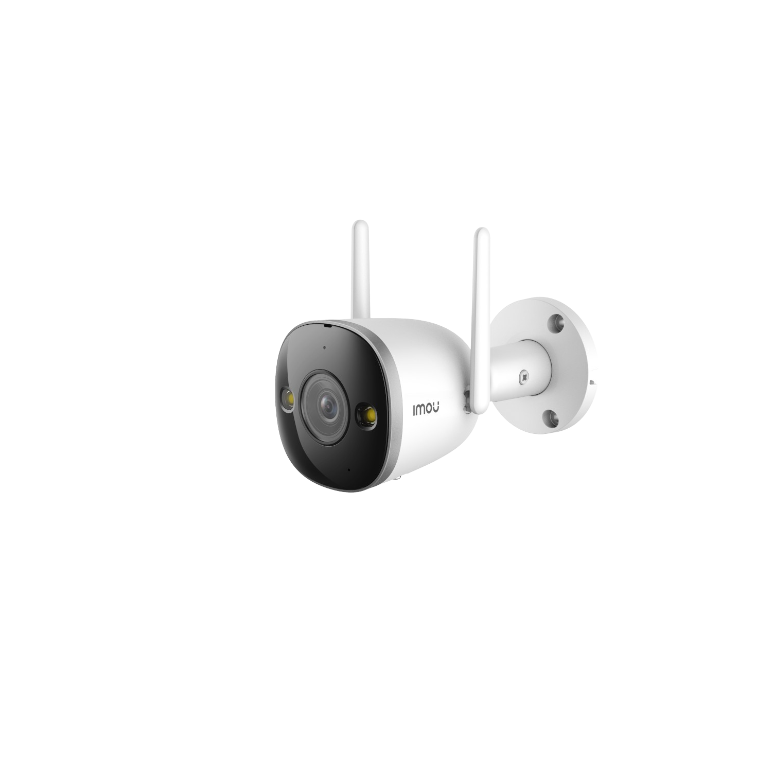 Witte beveiligingscamera met twee antennes. Gemonteerd op een witte ronde basis. Zwarte achtergrond.