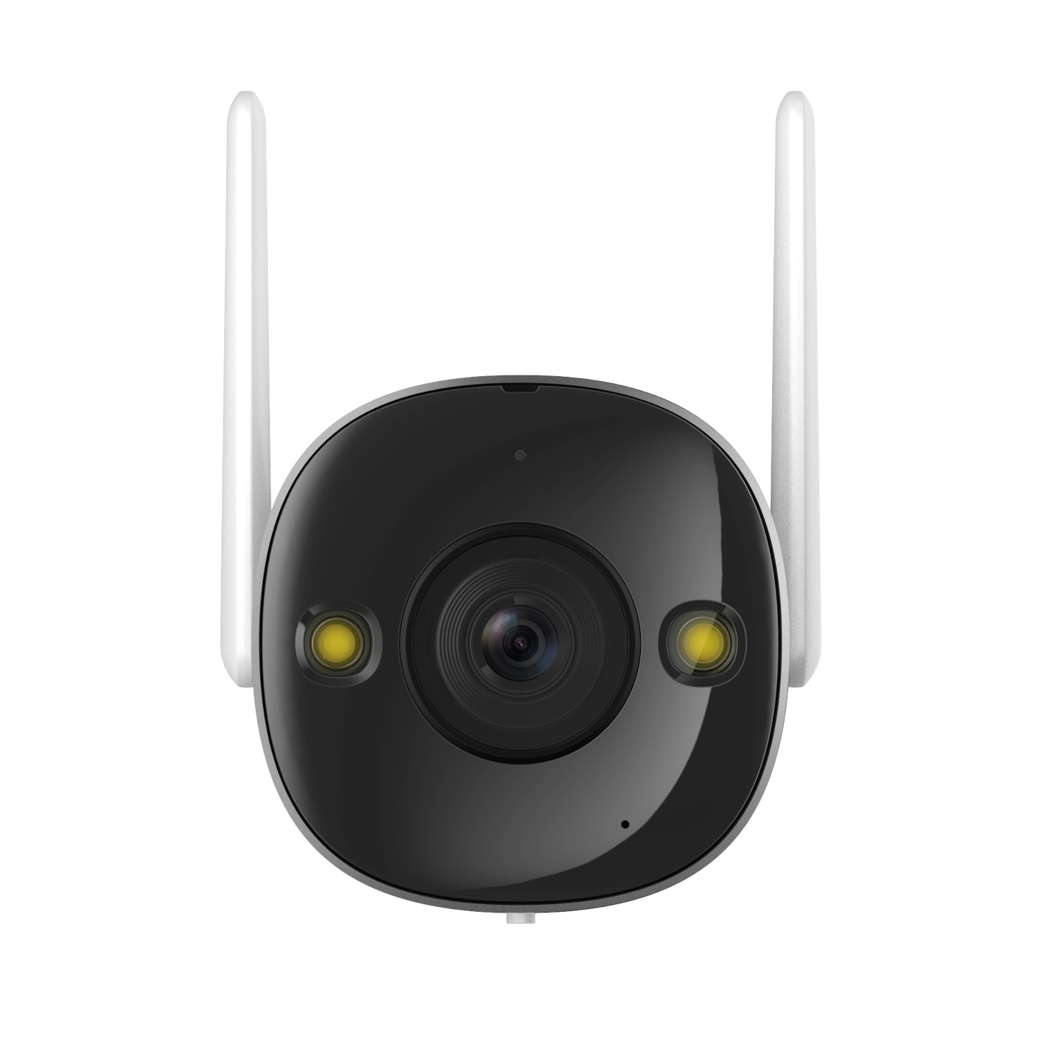Zwarte beveiligingscamera met witte antennes en gele lichten. Zwarte achtergrond.