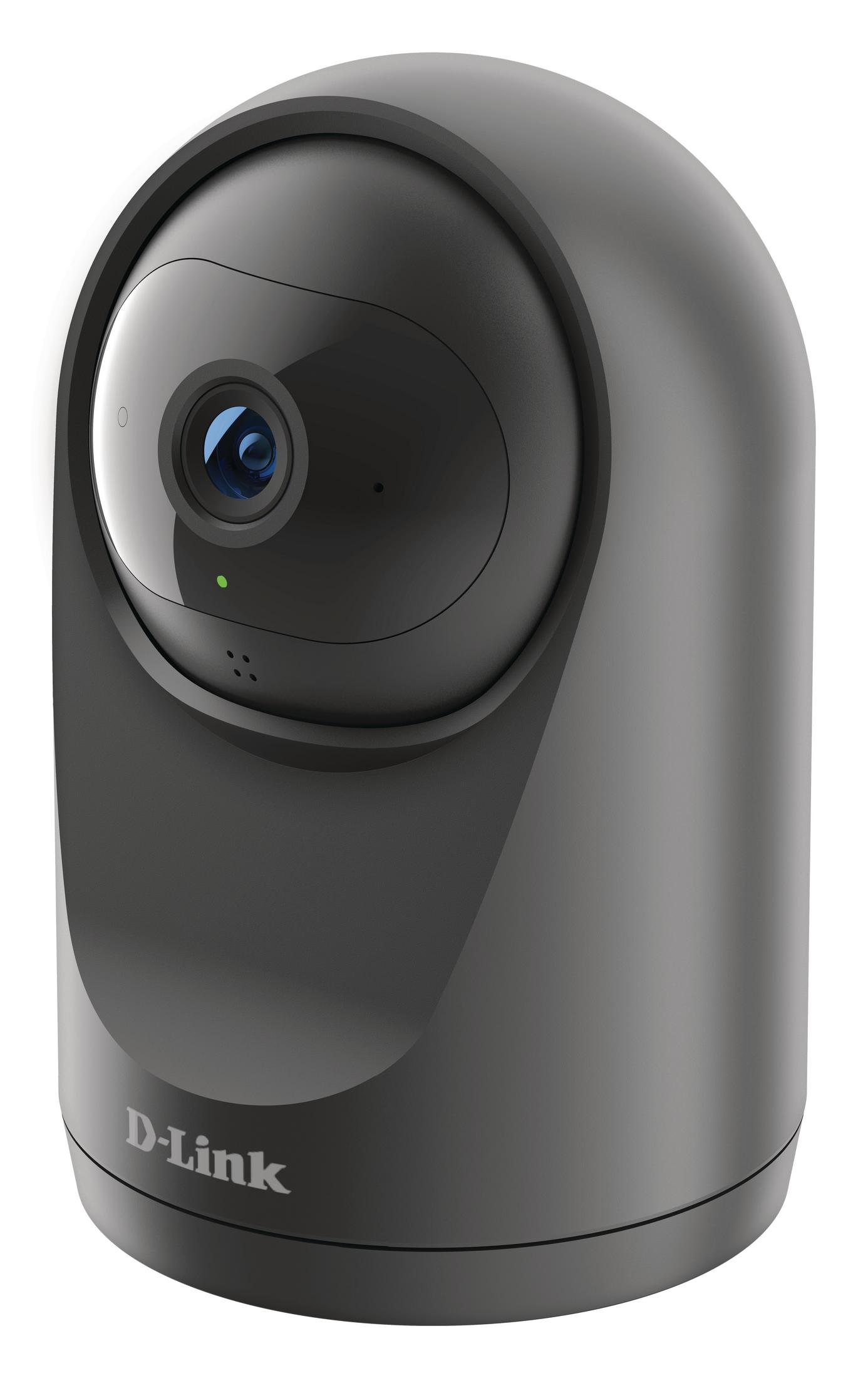 Una telecamera di sicurezza D-Link nera. Ha una parte superiore arrotondata con una lente e una luce verde.