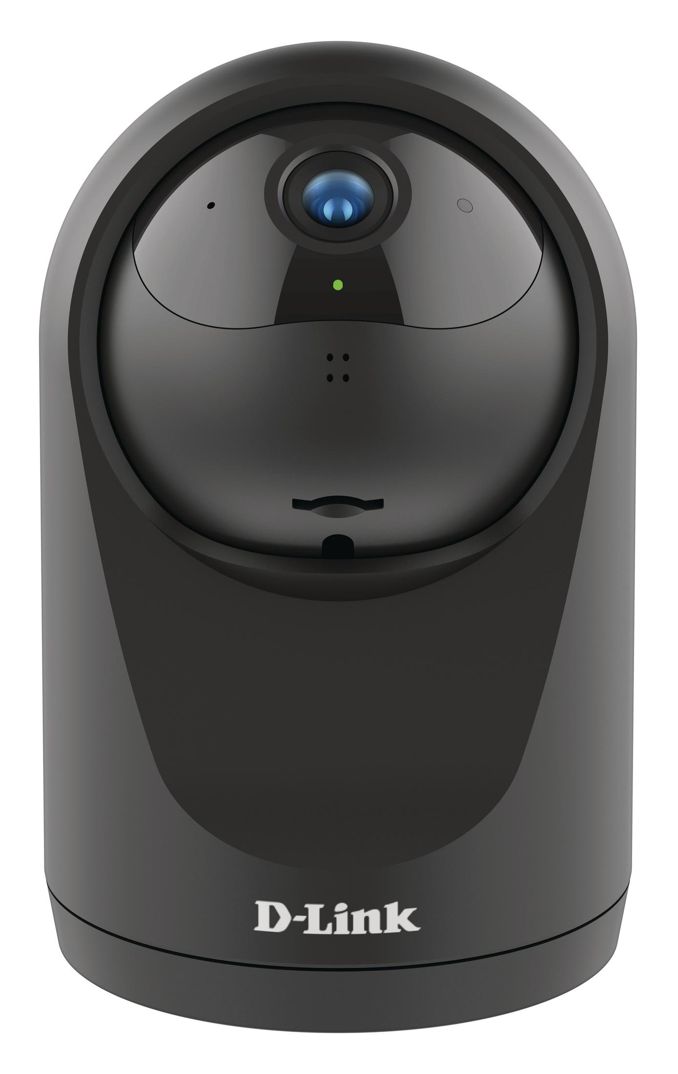 Telecamera di sicurezza nera. La telecamera ha una forma arrotondata e un logo D-Link.