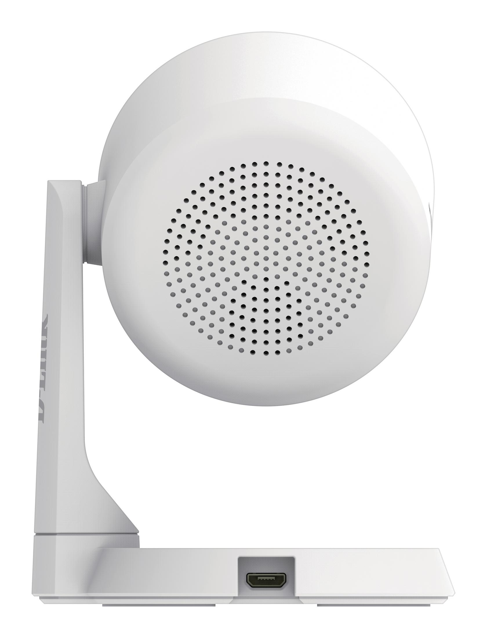 Telecamera di sicurezza bianca laterale, retro con fori e porta USB.