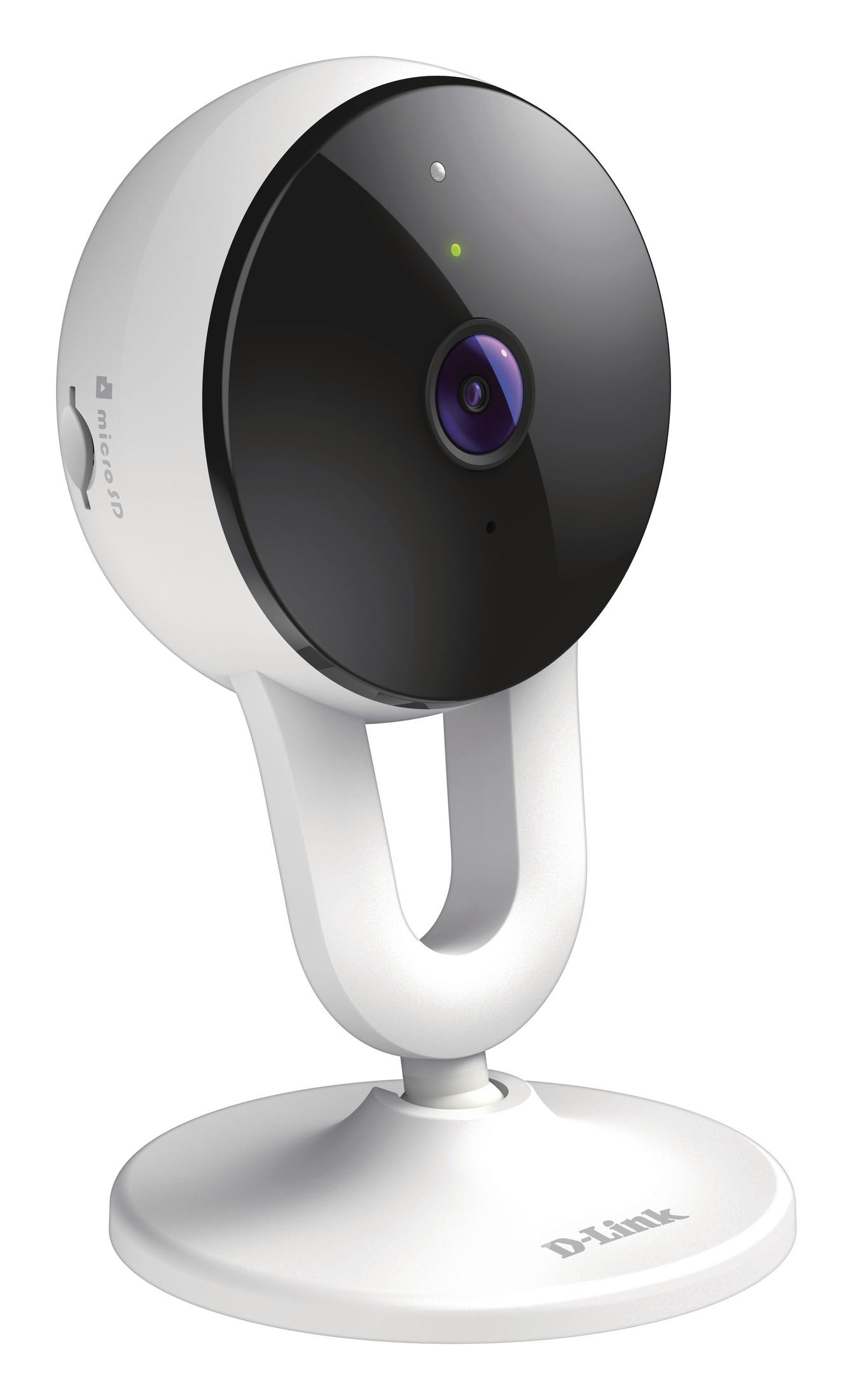 Telecamera di sicurezza bianca e nera su base bianca. Ha un obiettivo e una luce verde.