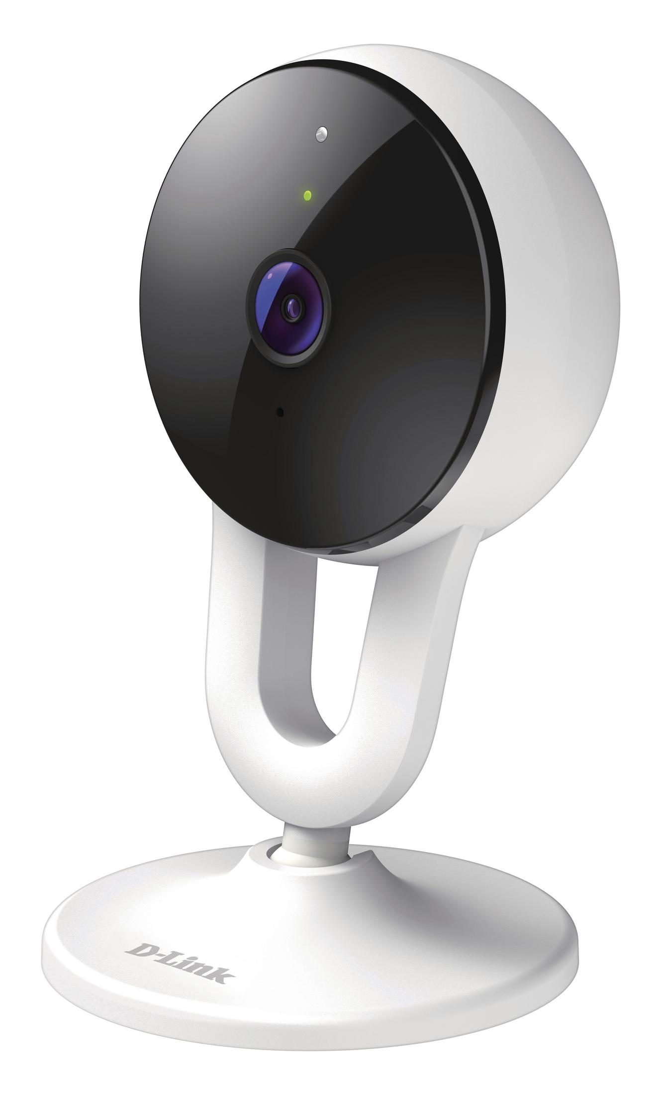 Una telecamera di sicurezza bianca con un obiettivo nero, su un supporto bianco. Luce verde visibile.