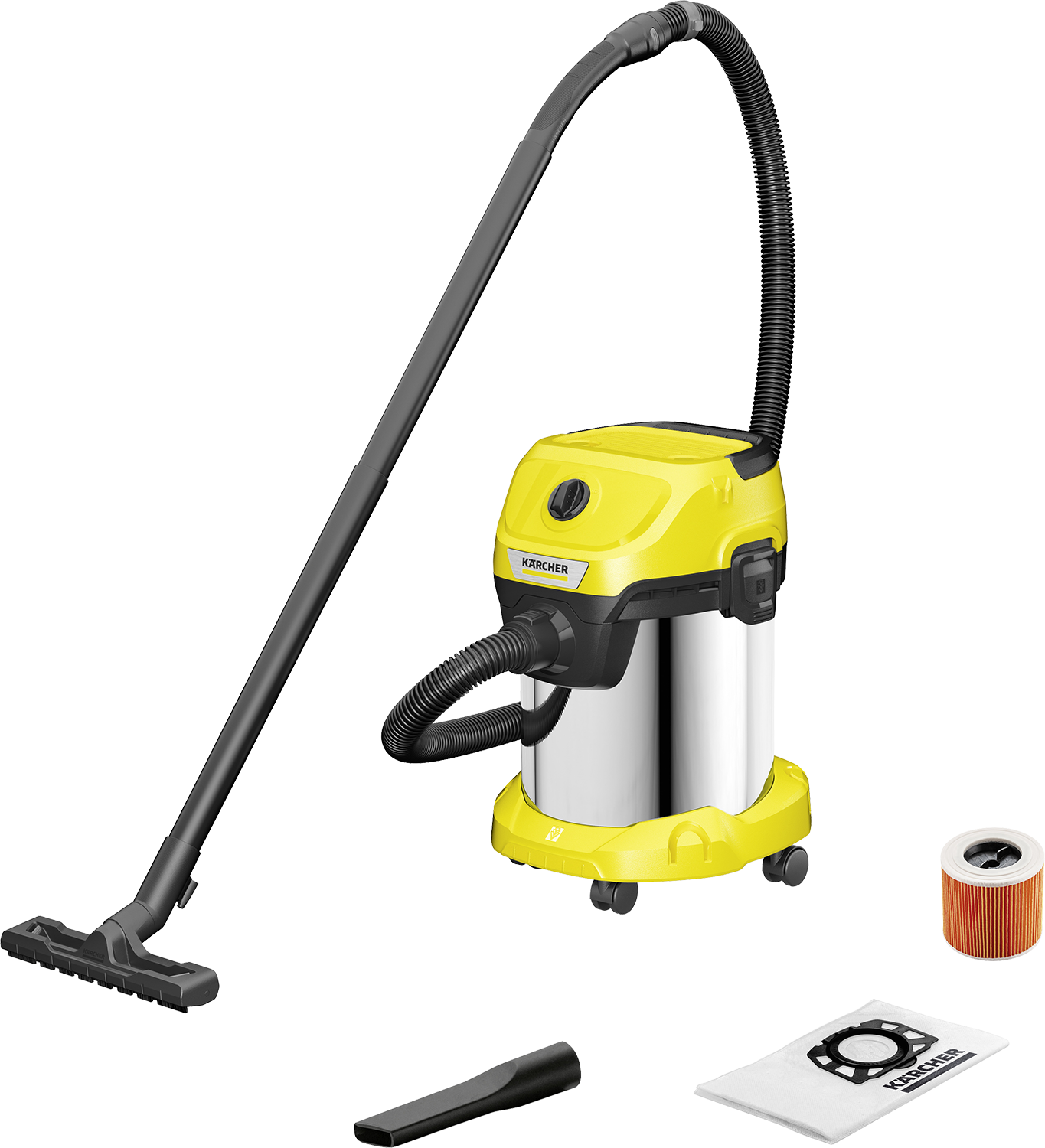 Żółto-srebrny odkurzacz z akcesoriami. Zawiera wąż i filtr.