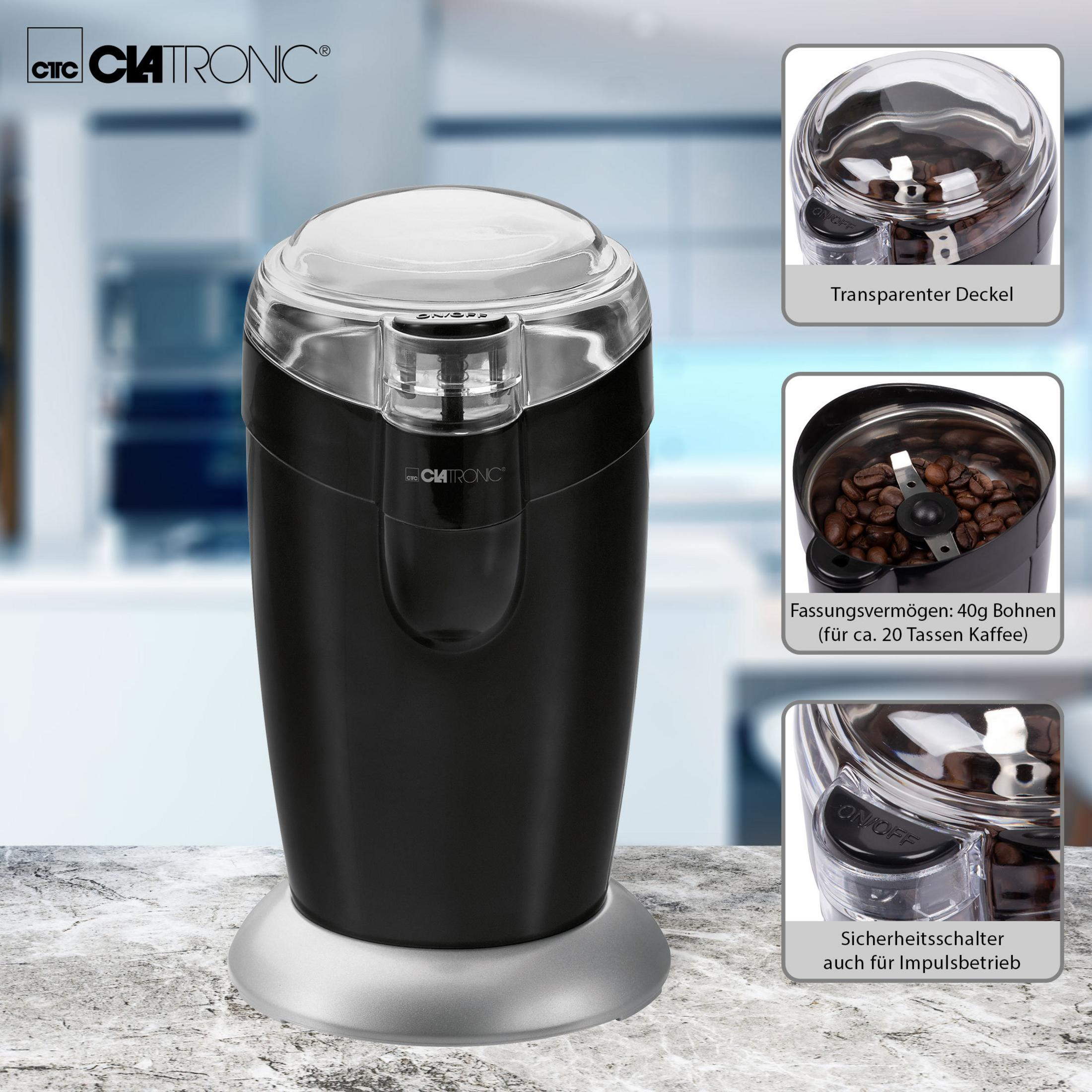 Czarny młynek do kawy z przezroczystą pokrywą, ze zbliżeniami na ziarna i elementy sterujące.