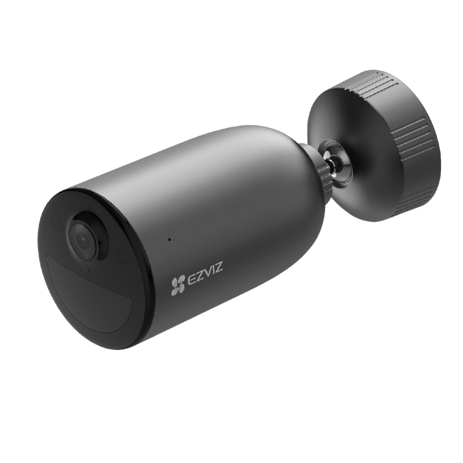Czarna kamera bezpieczeństwa z logo 'EZVIZ', zamontowana na czarnej podstawie. Cylindryczna.