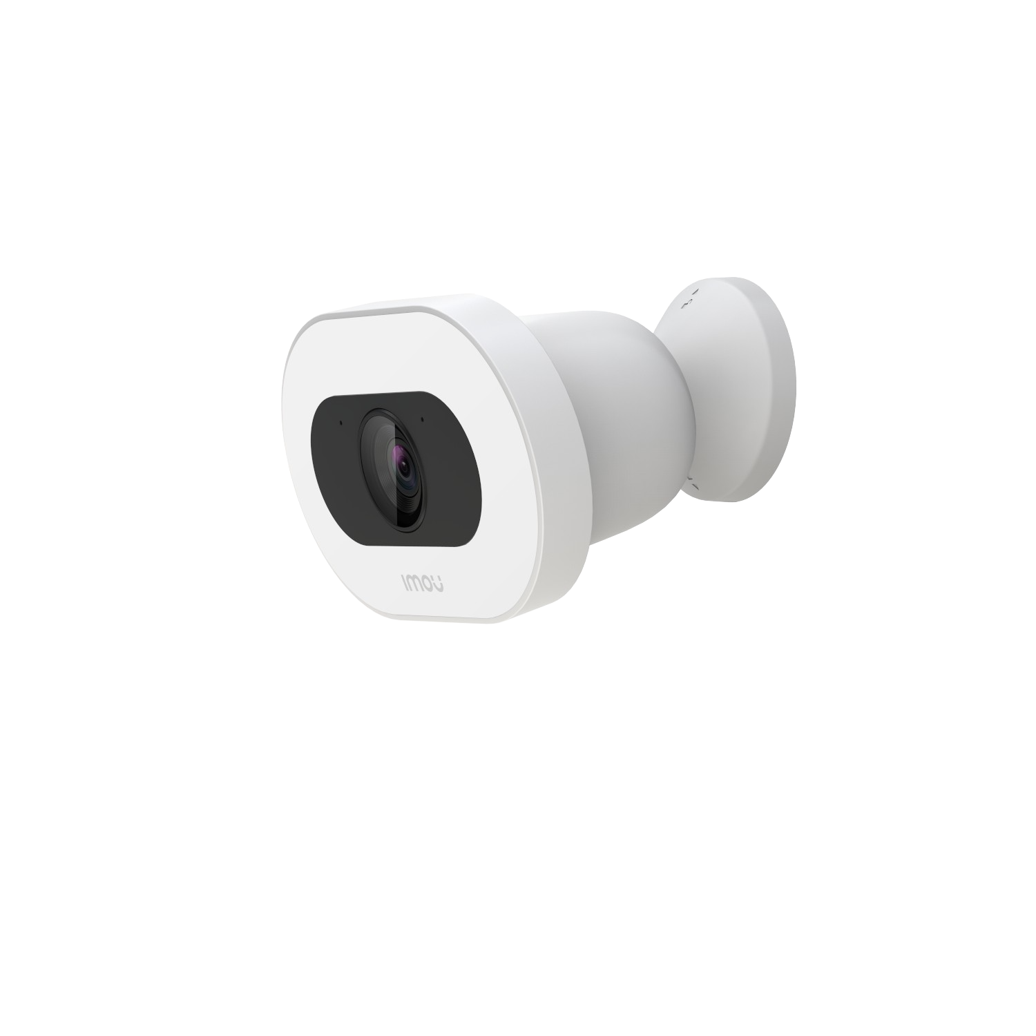 Biała kamera bezpieczeństwa na białym uchwycie. Czarny obiektyw. Czarne tło.