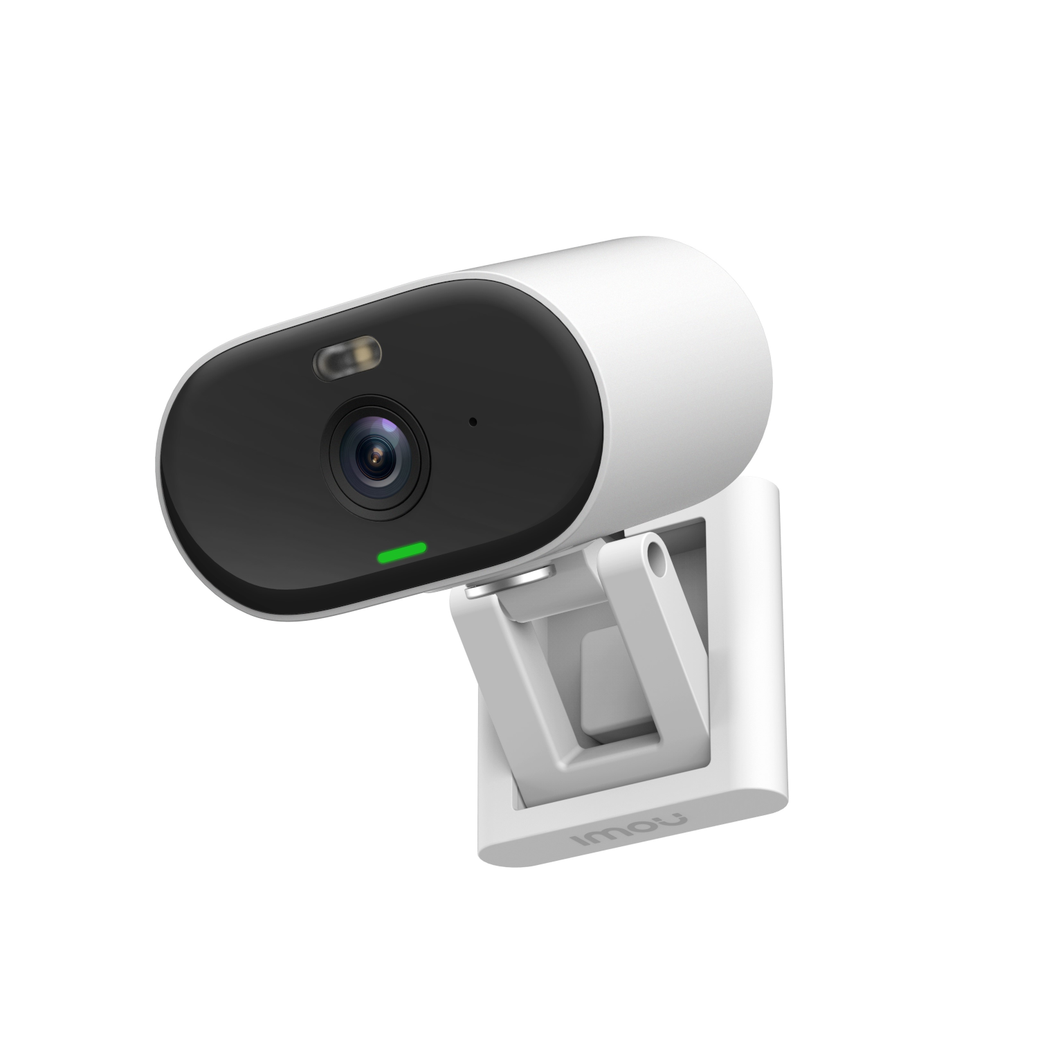 Een witte Imou beveiligingscamera met een zwarte lens op een witte achtergrond. Gemonteerd op een witte beugel.
