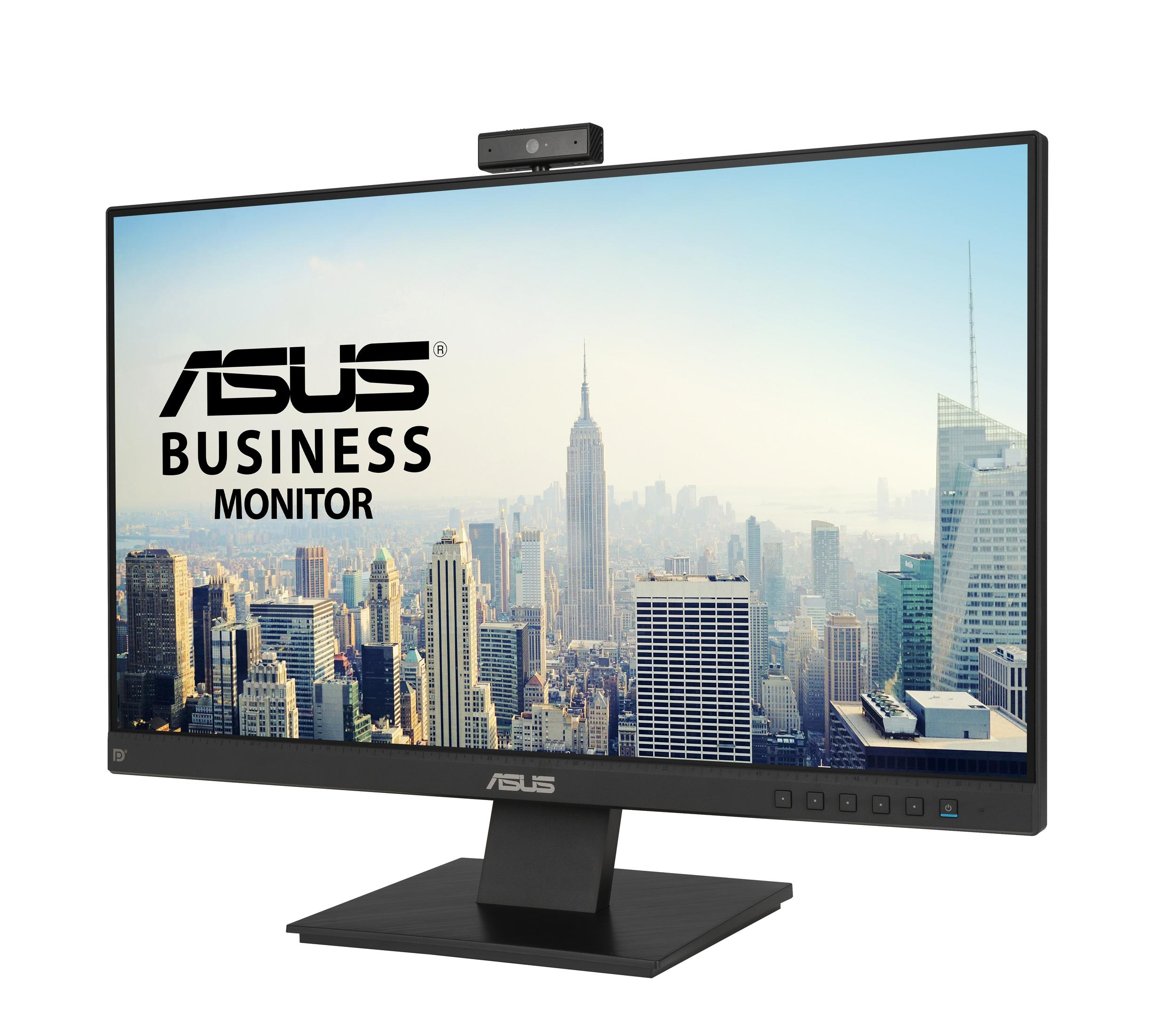 Monitor ASUS Business z tłem panoramy miasta i kamerą internetową na górze.