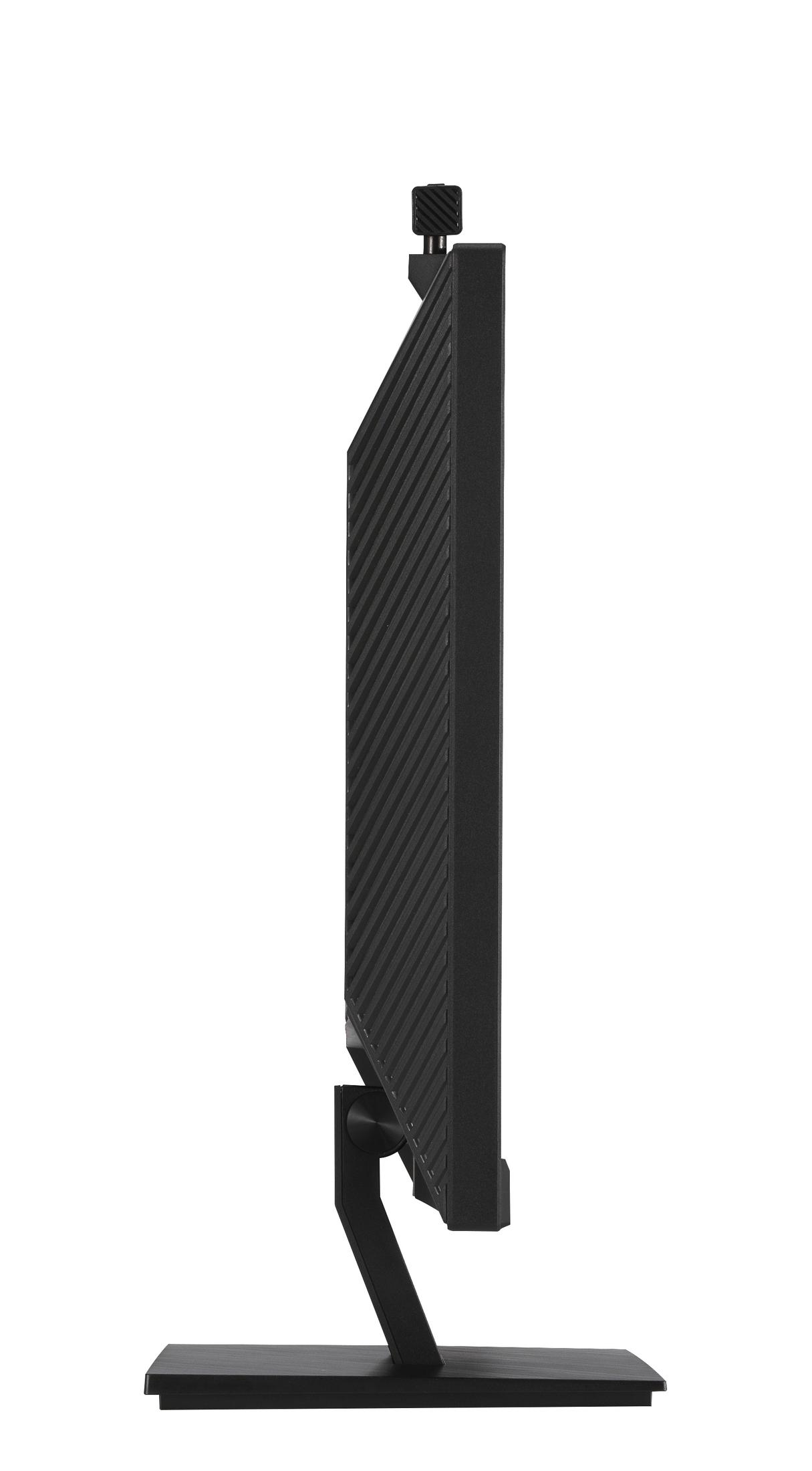 Widok z boku czarnego monitora komputera z teksturowanym tyłem i podstawą.