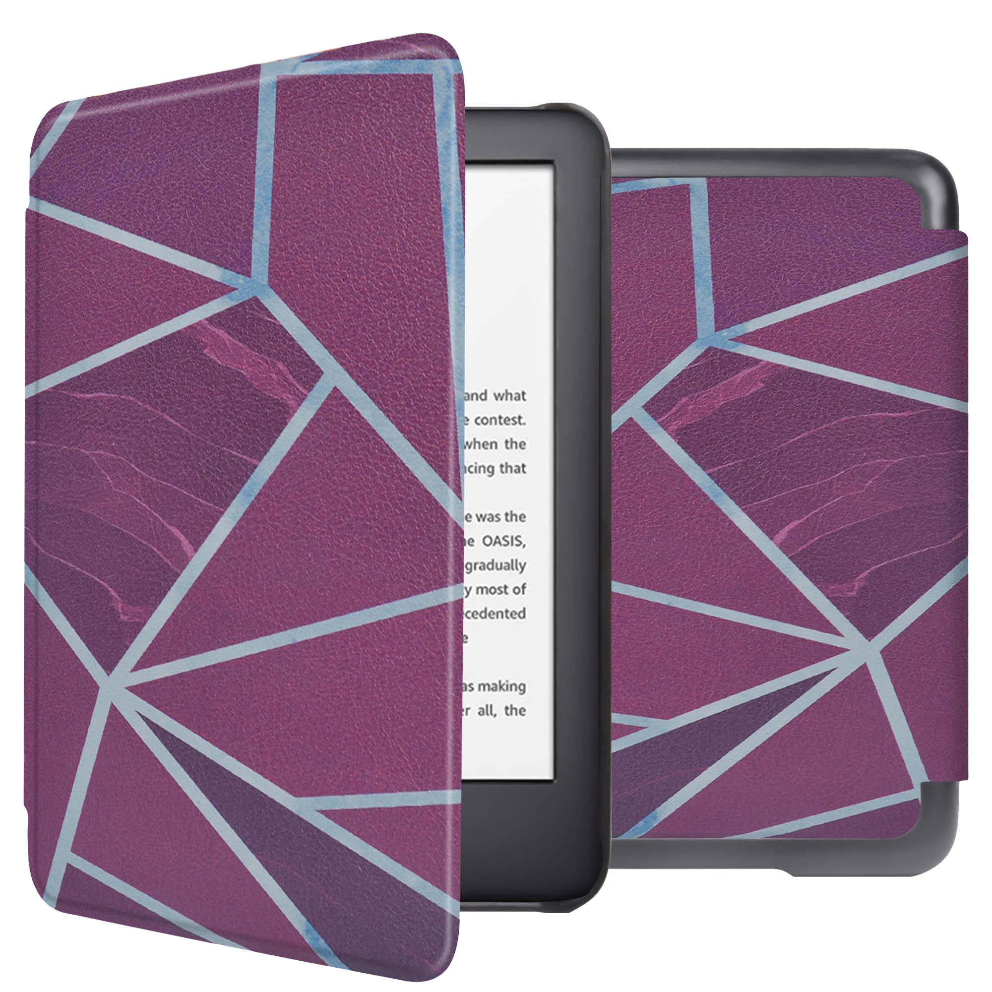 Een Kindle-reader in een hoesje met een paars geometrisch patroon. De hoes is open.