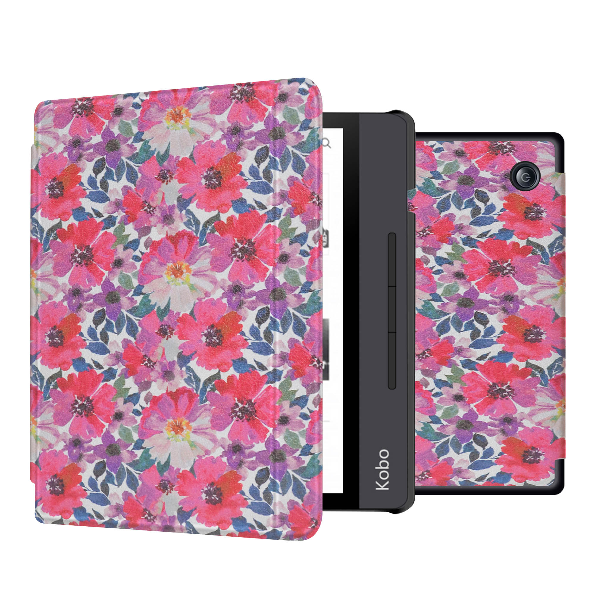 Bloemenpatroon Kobo-hoes open, met apparaat erin. Twee zijden tonen het ontwerp. Witte achtergrond.