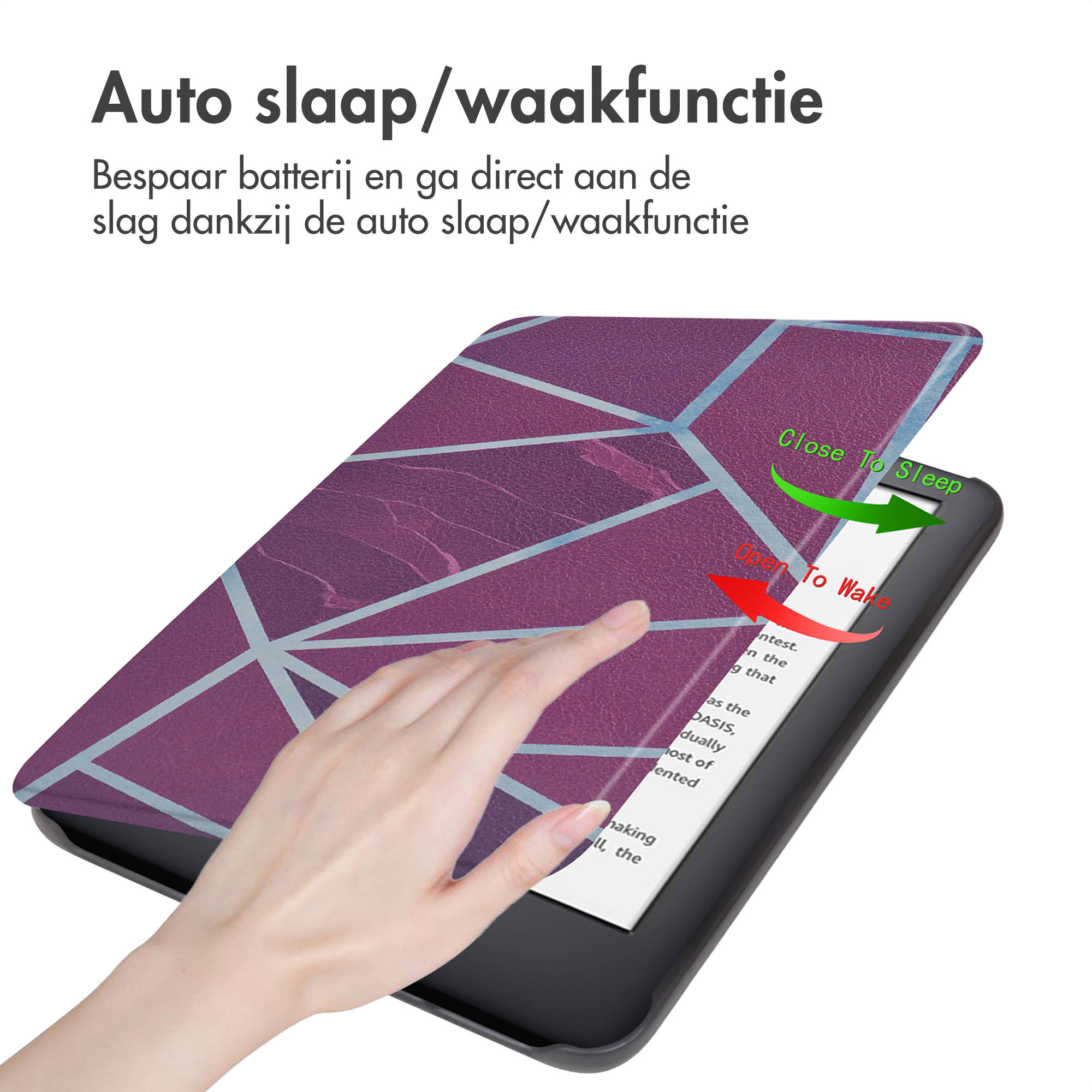Paarse geometrische e-reader hoes opent om een boek met slaap/waakfunctie te onthullen.