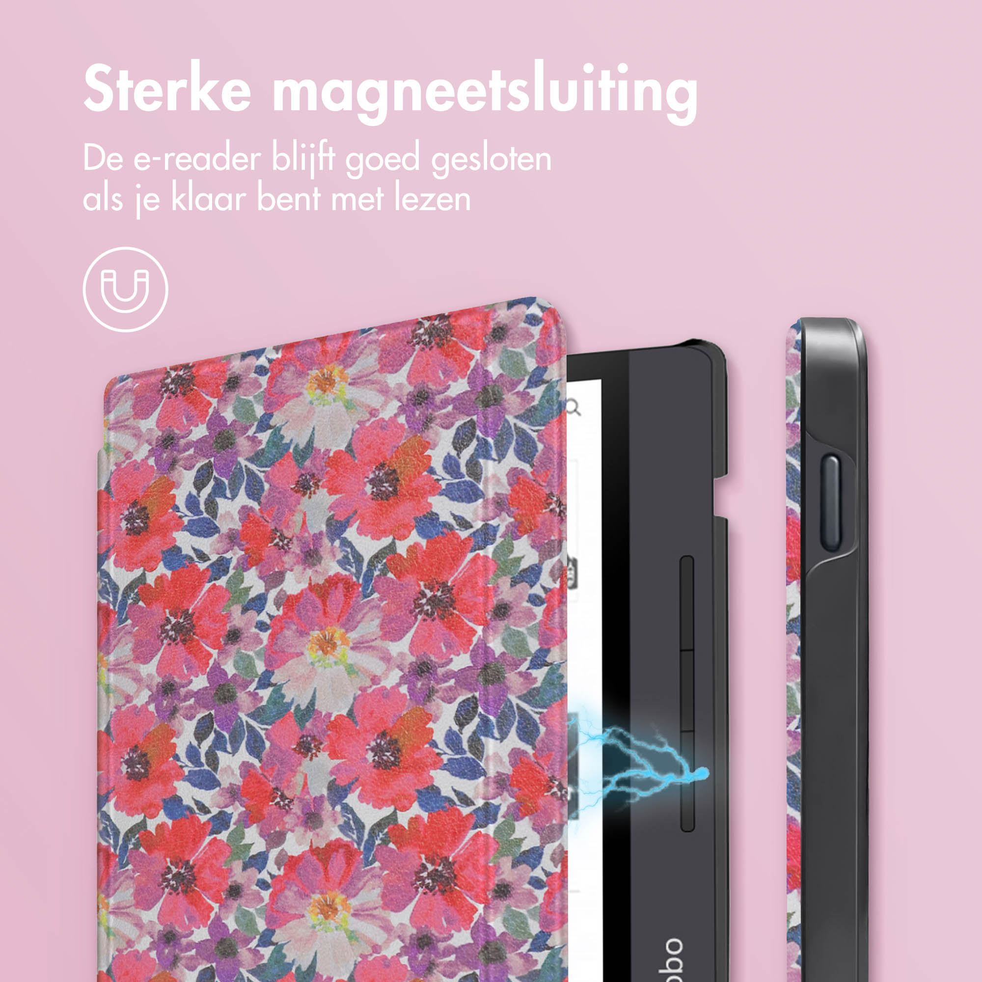Een e-reader in een bloemenhoes, met een magnetische sluiting, die sterke eigenschappen benadrukt.