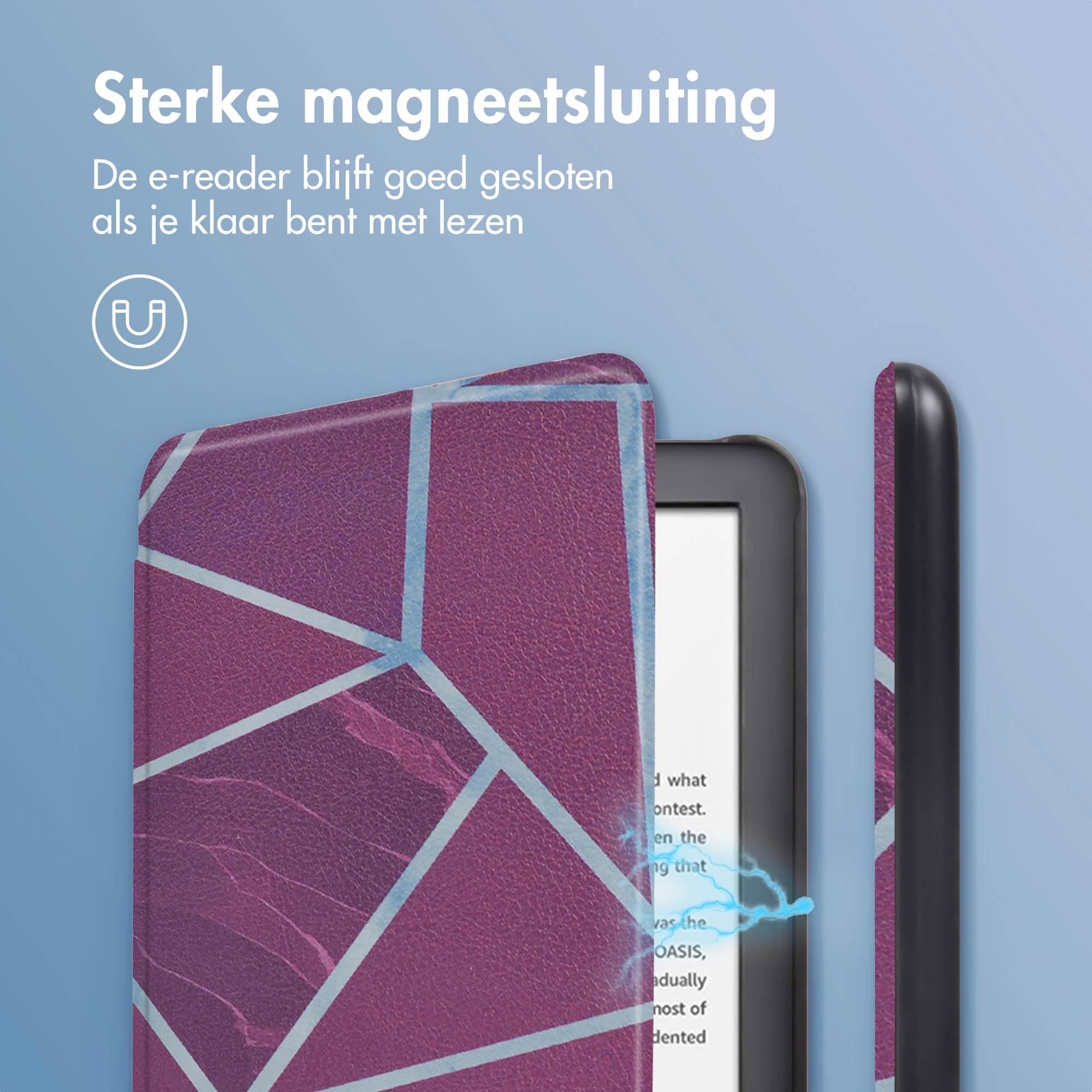 E-reader met paarse geometrische hoes en magnetische sluitingsindicator.
