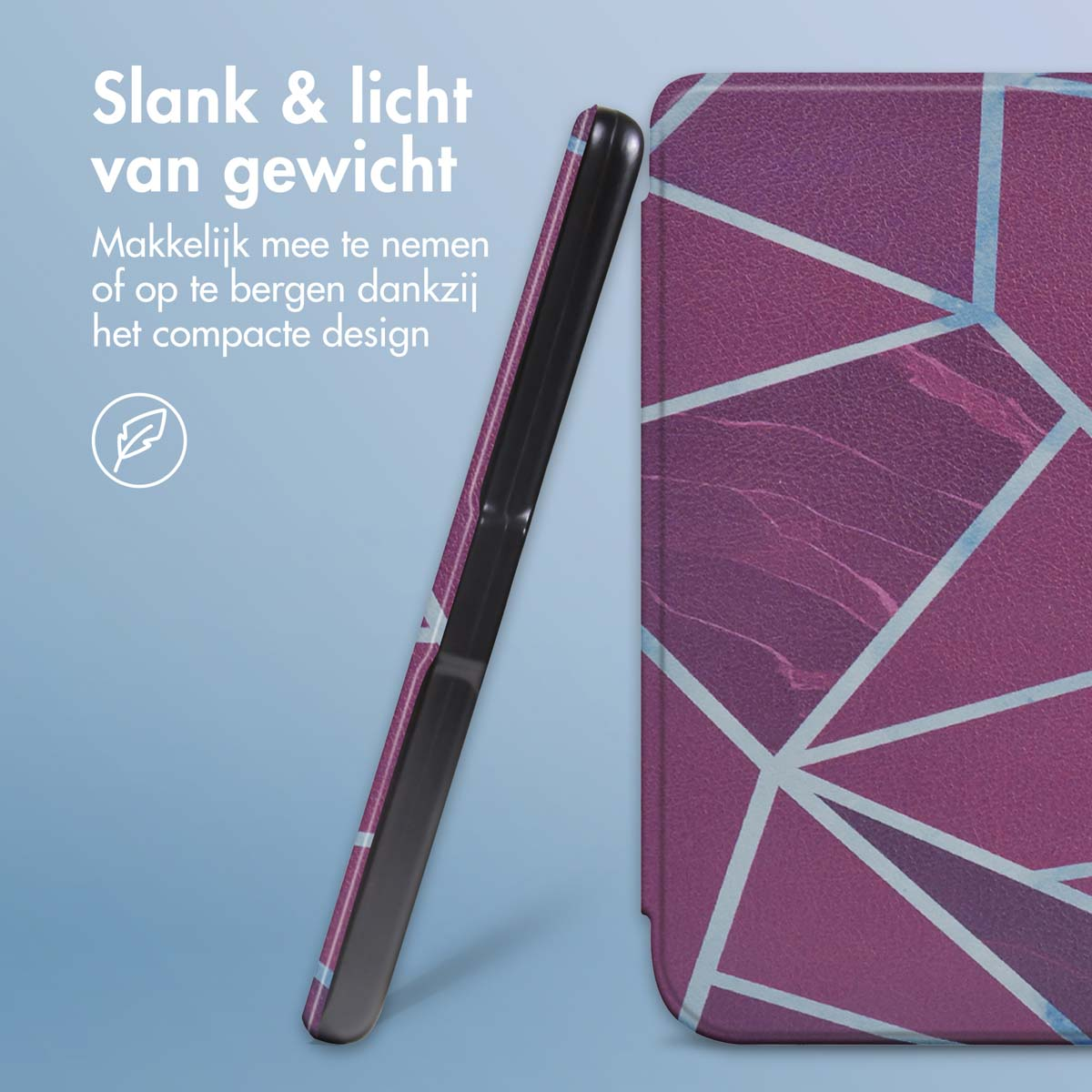 Telefoonhoesje met een geometrisch ontwerp. De hoes is paars met witte lijnen. De telefoon staat op de zijkant.