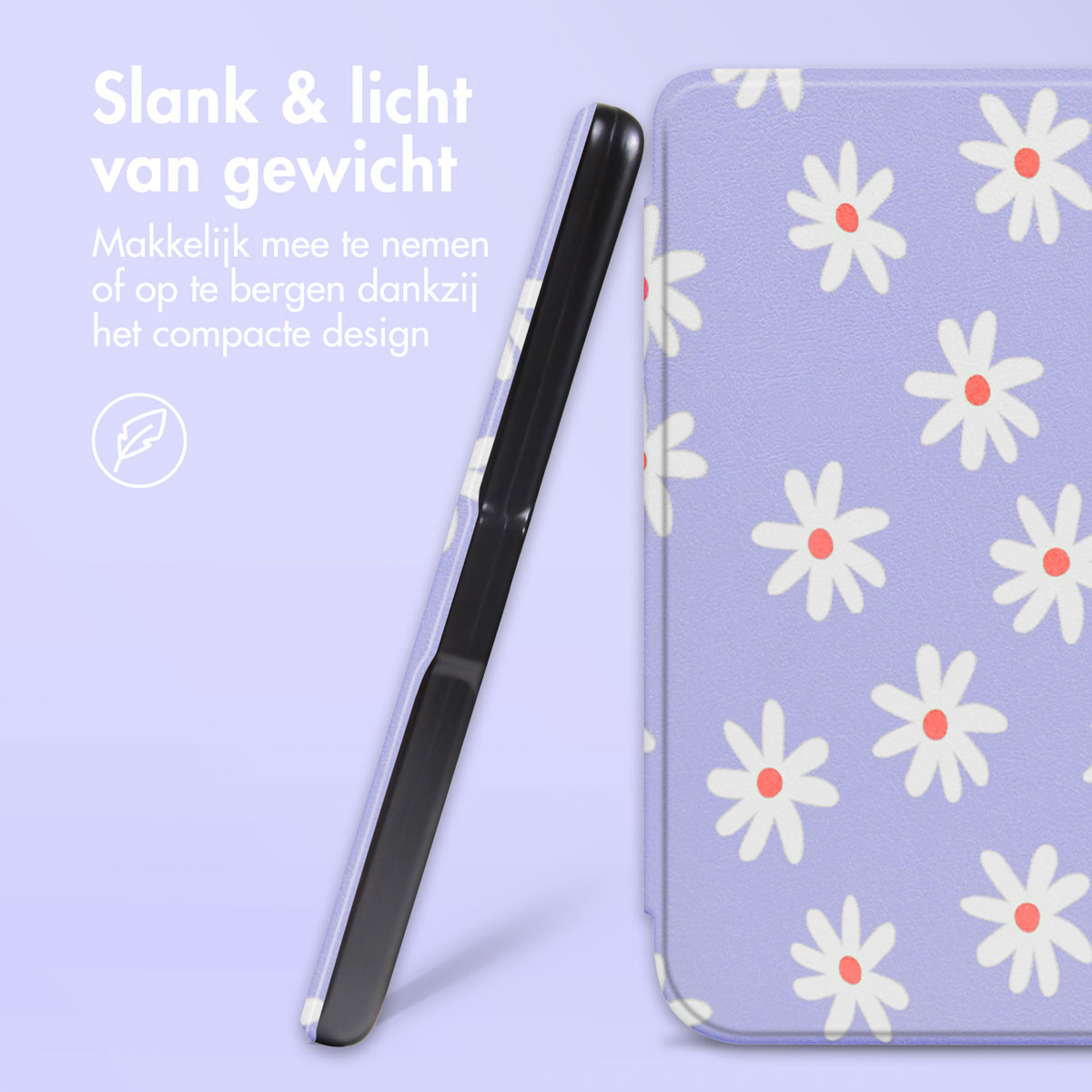 Étui violet avec motif de marguerites blanches. Vue latérale d'un téléphone noir.