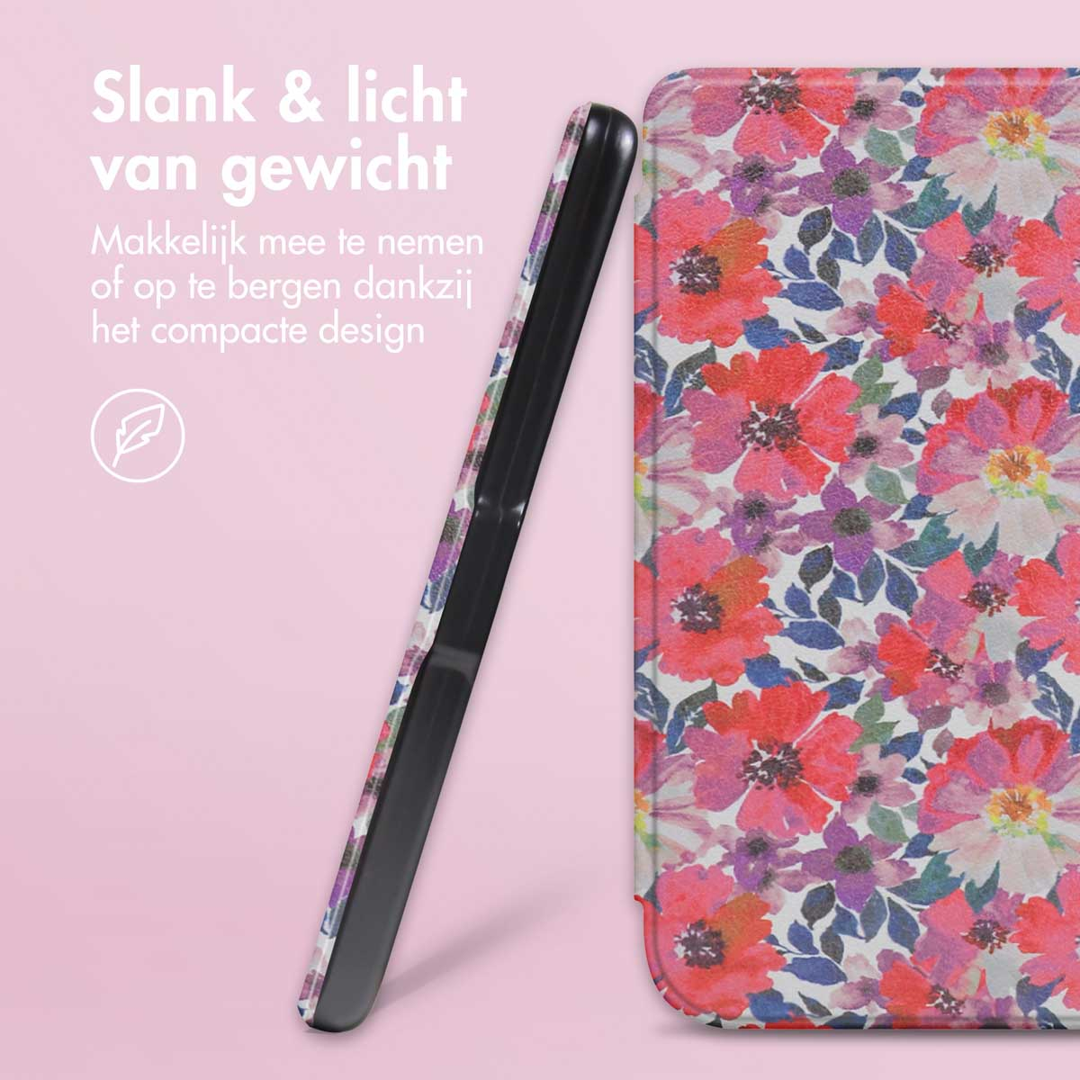 Telefoonhoesje met een bloemenontwerp. De hoes heeft rode en paarse bloemen. De telefoon staat op de zijkant.