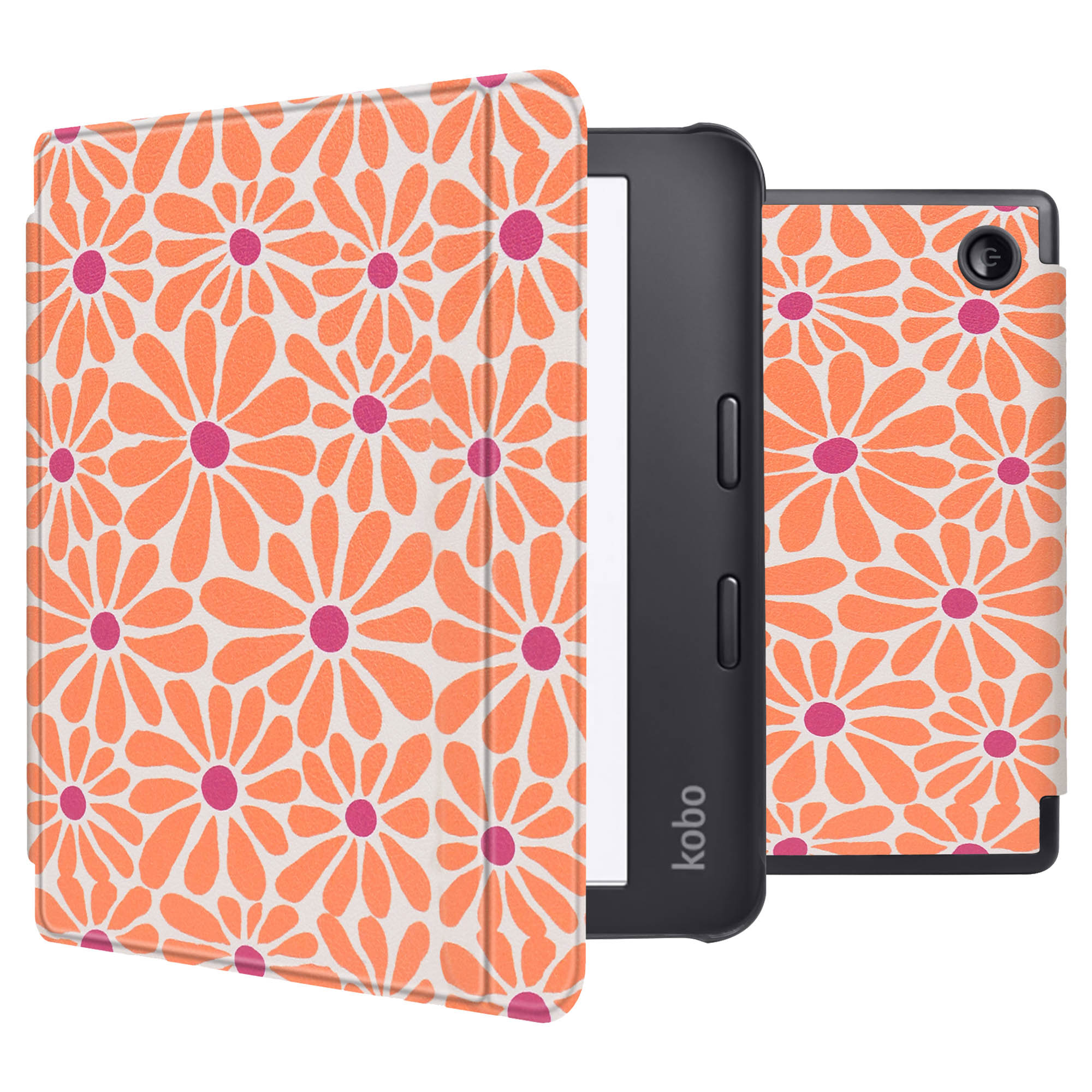 Liseuse dans un étui. L'étui a un motif floral orange sur fond blanc. Liseuse noire.