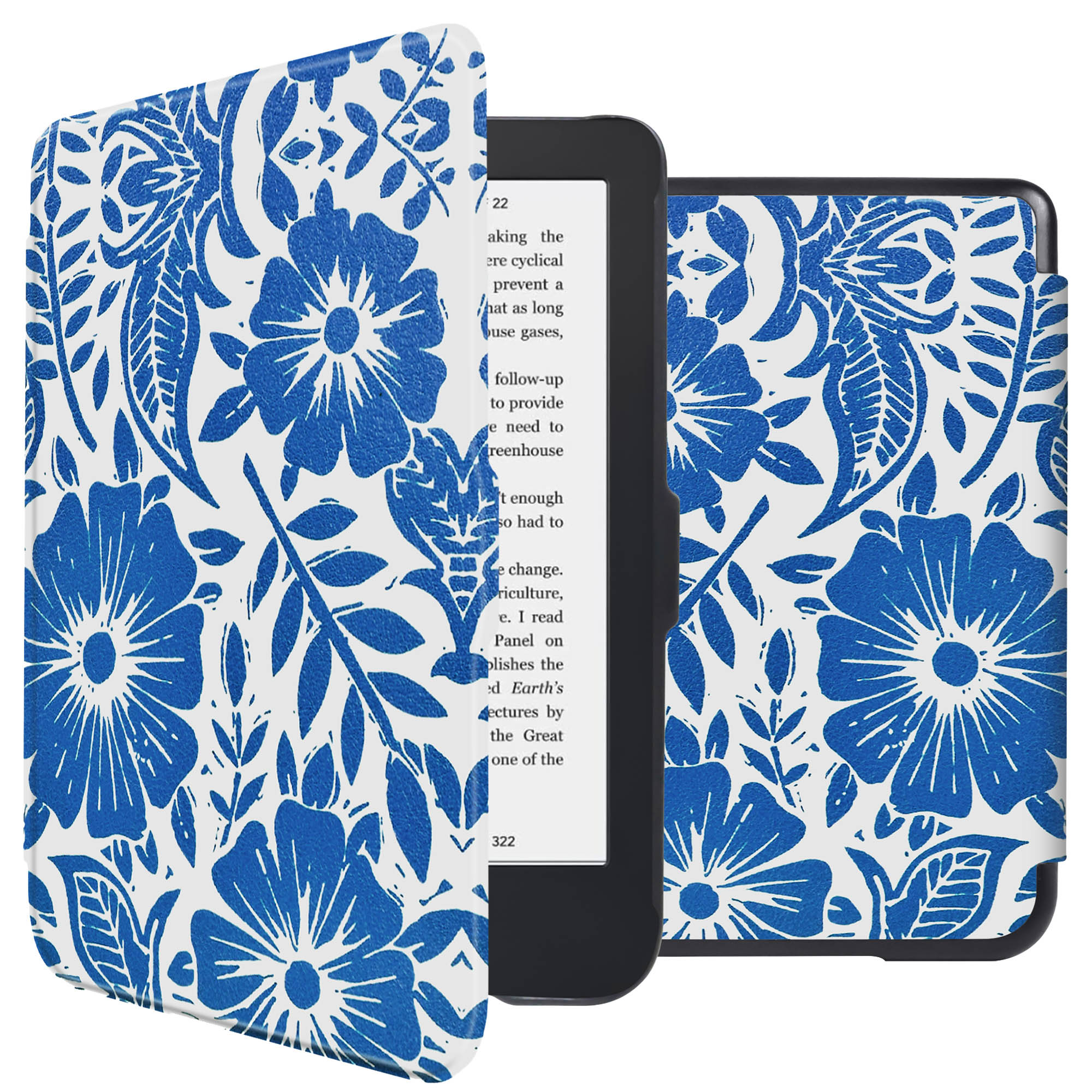 E-reader in een blauwe bloemenhoes, open om tekst te tonen. De hoes heeft een bijpassend ontwerp.