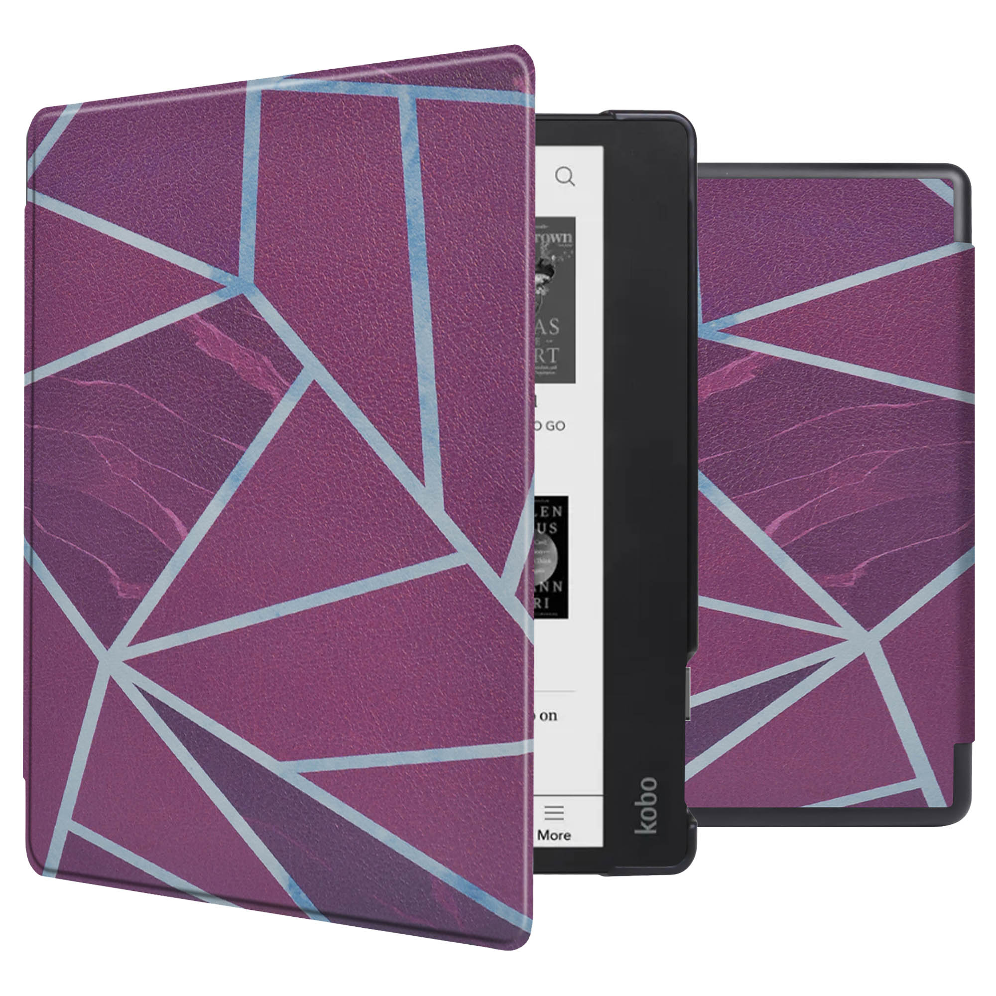 Een Kobo e-reader in een paarse hoes met een geometrisch ontwerp. De hoes is open.
