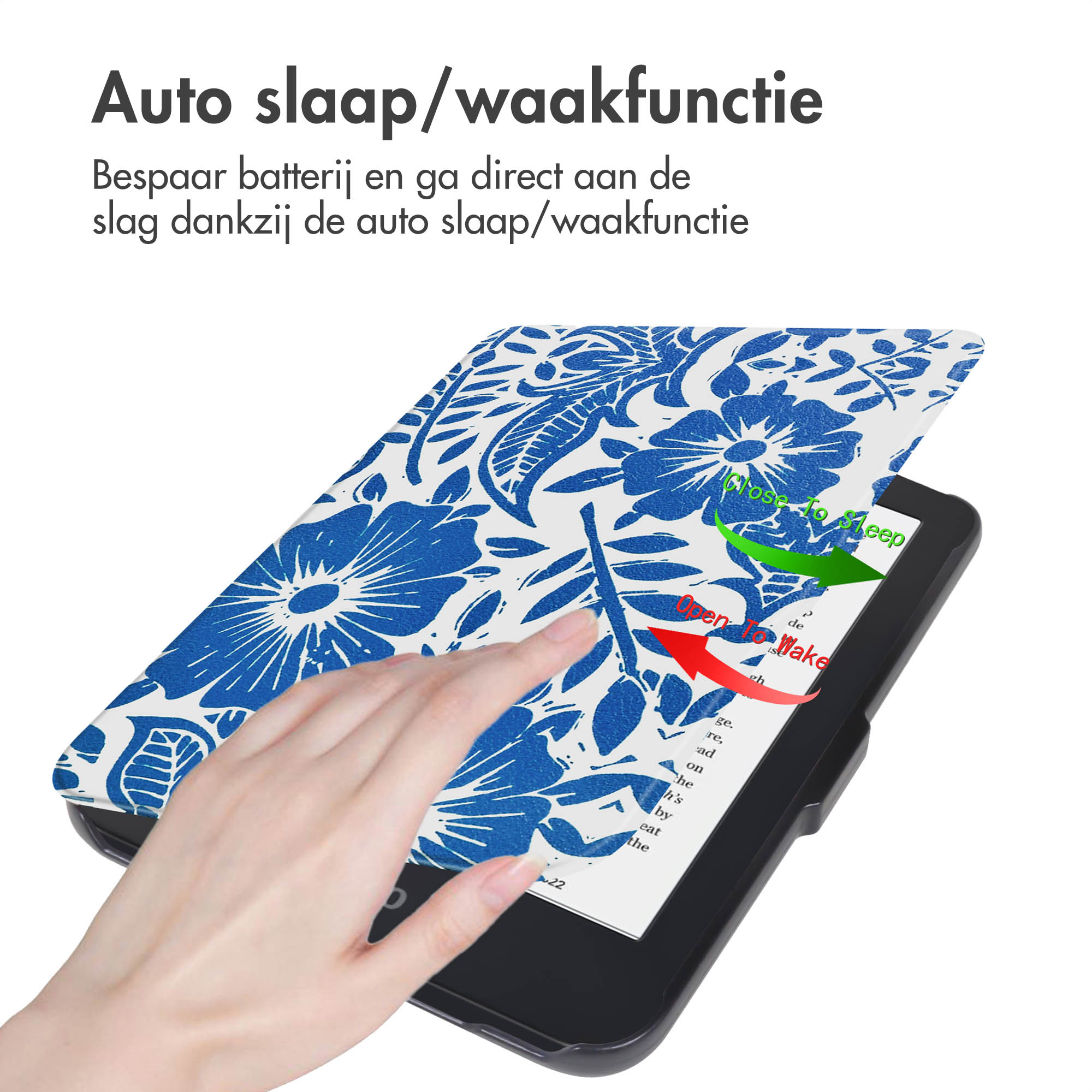 E-reader met blauw-wit bloemenhoes dat sluit om te slapen en opent om wakker te worden.