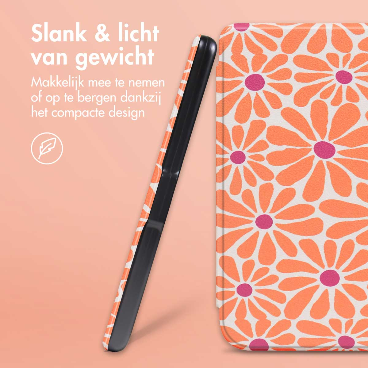 E-reader hoes met oranje bloemenpatroon. De hoes is open, met een zwarte rand.