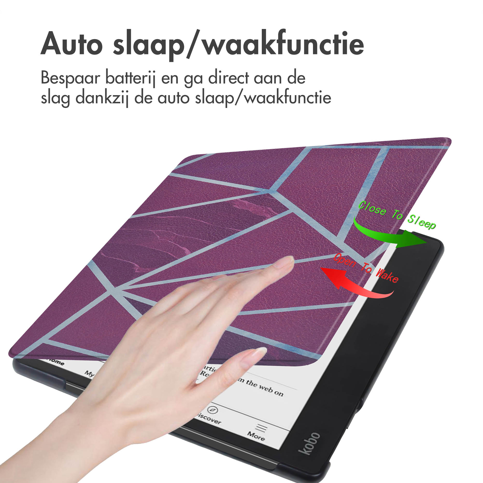 Een hand interacteert met een Kobo e-reader. De hoes toont een geometrisch ontwerp en vraagt om slaap/wake.