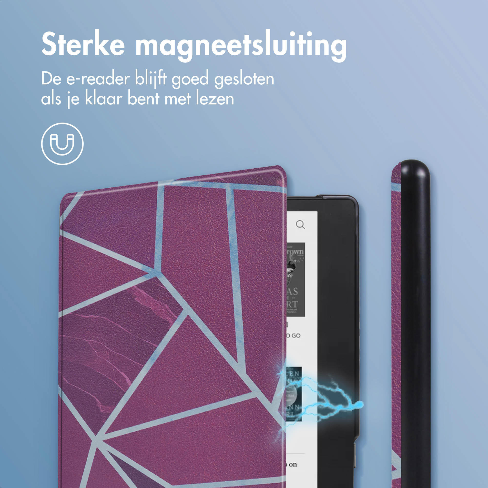 Een Kobo e-reader met een paarse geometrische designhoes, die een magnetische sluiting toont.