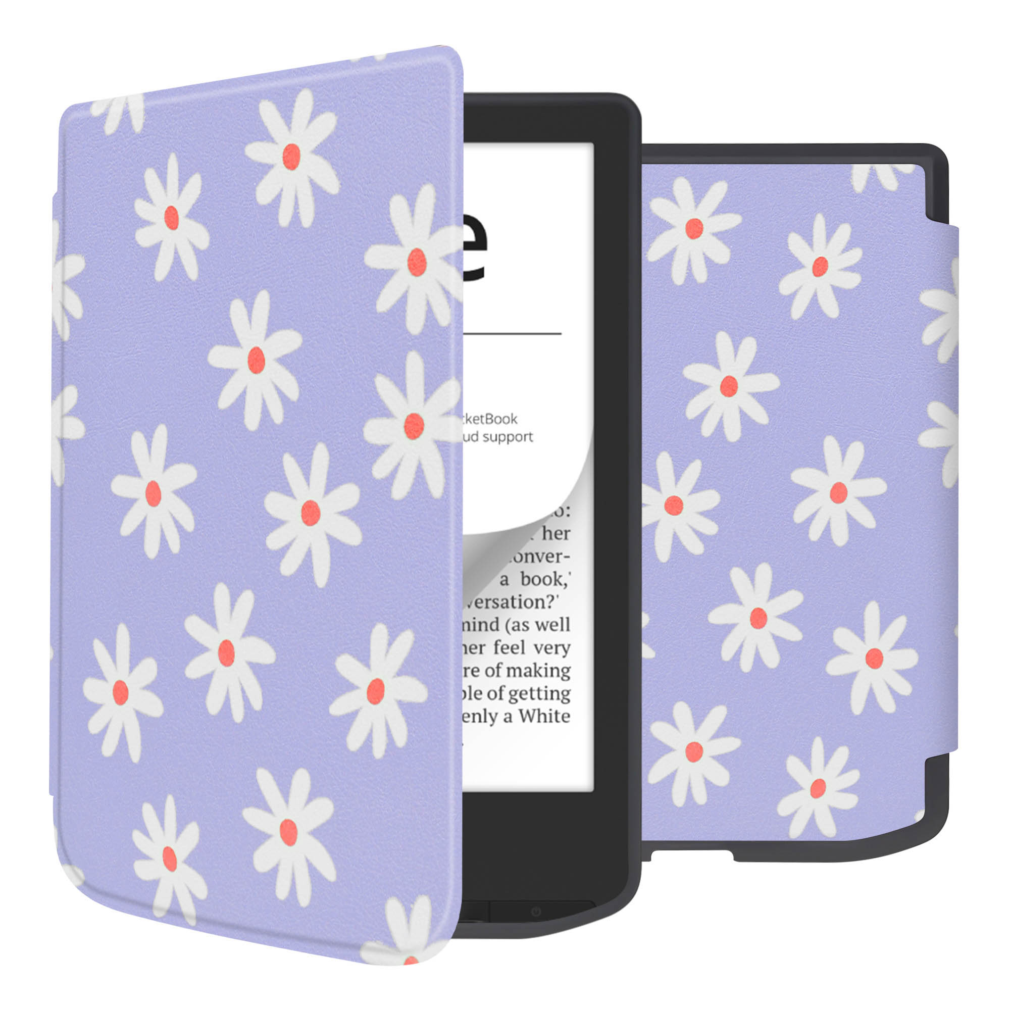 Liseuse avec un étui lavande avec des marguerites blanches. L'appareil affiche du texte.