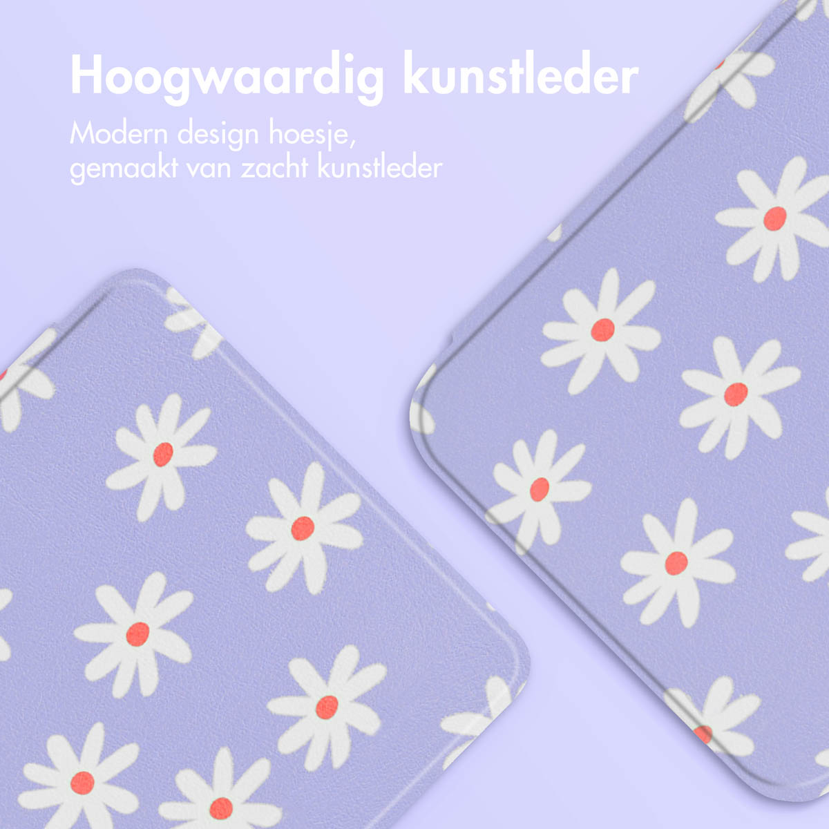 Deux étuis violets clairs avec des motifs de marguerites blanches. Le texte en haut dit : 'Cuir artificiel de haute qualité'.