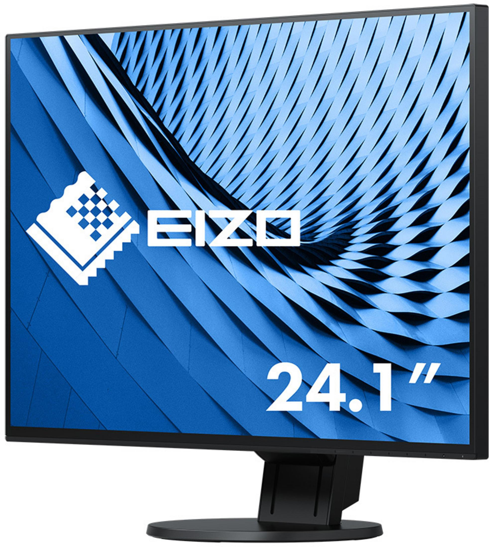 Ein Computermonitor mit einer blauen Grafik, dem EIZO-Logo und Text.